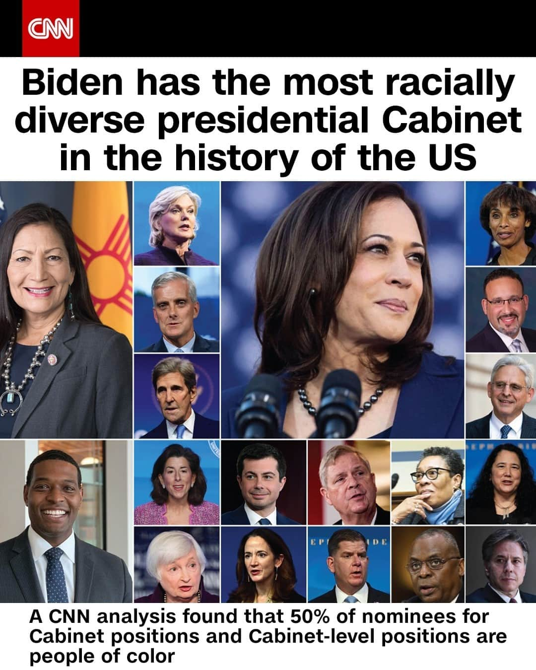 CNNさんのインスタグラム写真 - (CNNInstagram)「President-elect Joe Biden has the most racially diverse presidential Cabinet in the history of the US. A CNN analysis found that 50% of nominees for Cabinet positions and Cabinet-level positions are people of color. That figure includes Vice President-elect Kamala Harris who will be the first Black and South Asian person and first woman to hold the position. Former President Barack Obama set the previous record for diversity with a Cabinet that was 42% people of color.⁠ ⁠ (📸: AP/Getty Images/Shutterstock)⁠」1月19日 10時01分 - cnn