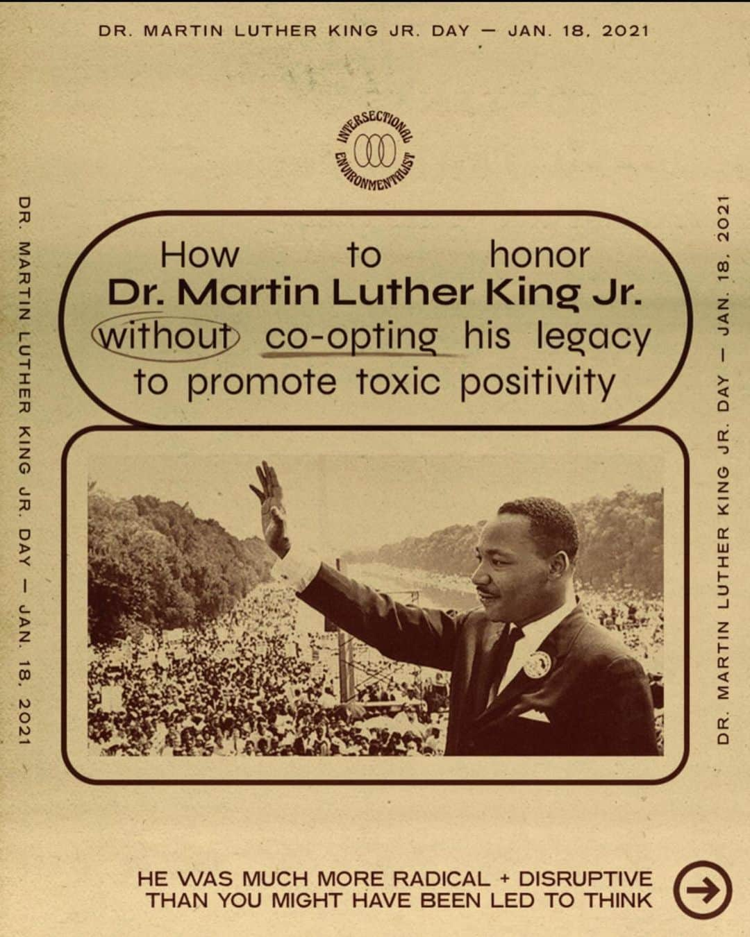 コルトン・ヘインズさんのインスタグラム写真 - (コルトン・ヘインズInstagram)「. @intersectionalenvironmentalist ・・・ In honor of Dr. King, we’re not staying silent in the face of oppression, injustice or intolerance 🗣️ Dr. Martin Luther King Jr. was an agent of radical change 🎇 As we reflect on his legacy, let’s not forget that his profound impact has been watered down + weaponized to market products, police “unacceptable” forms of protest + uphold narratives that support oppressive systems 🙅🏽 ⚒️ 🐑  In honoring the legacy of Dr. King + the folks that supported, inspired + fought for freedom alongside him, we’re only telling relevant, revelatory + revolutionary truths. 🔊 🌞 🤝  graphic by @eileenjawn 💓 research by @dnaetheehistorian ✨ @lexiiimh ✨ @greengirlleah  #MLK #MLKDay #DrKing #MartinLutherKingJr #IntersectionalEnvironmentalist #IE #IntersectionalEnvironmentalism」1月19日 10時23分 - coltonlhaynes