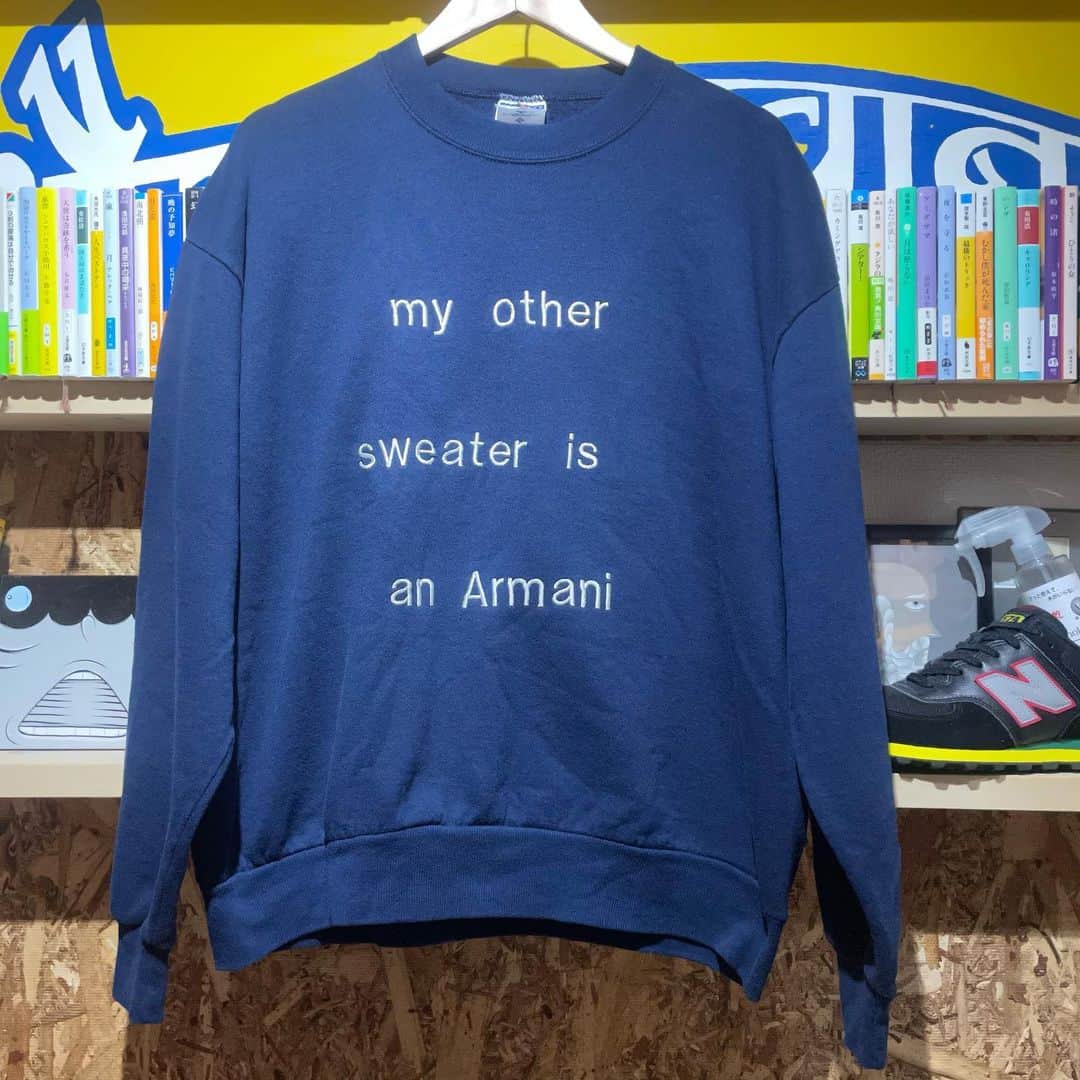 Dickies_projpのインスタグラム：「-USED- my other sweater is an Armani SWEAT  普通なクルーネックトレーナーに普通な英字フォント刺繍なこちらの商品。  何やらメッセージが強ぇーす！  アルマーニが好きな人もそうでない人にもオススメです♬  着丈70cm 身幅63cm 袖丈60cm (表記サイズ/XL)  本日1/19(火)17時〜20時での営業ですので宜しくお願いします。  今週から都のなんとか条例のアレでアレな感じにあれして17時〜20時な営業になりますので宜しくお願いします。  ↓店舗情報↓  Select&Vintage shop 渋谷生業  渋谷区神南1-11-5 304 03-6427-8751  通常営業日時/火、水、木の17時〜20時  上記日時以外での来店は、予約制での受付けとなりますのでDMにてアポイントお願いします。  #渋谷生業 #ナリワイやーて〼 #古着屋 #vintageshop #渋谷 #原宿 #神南 #古着」