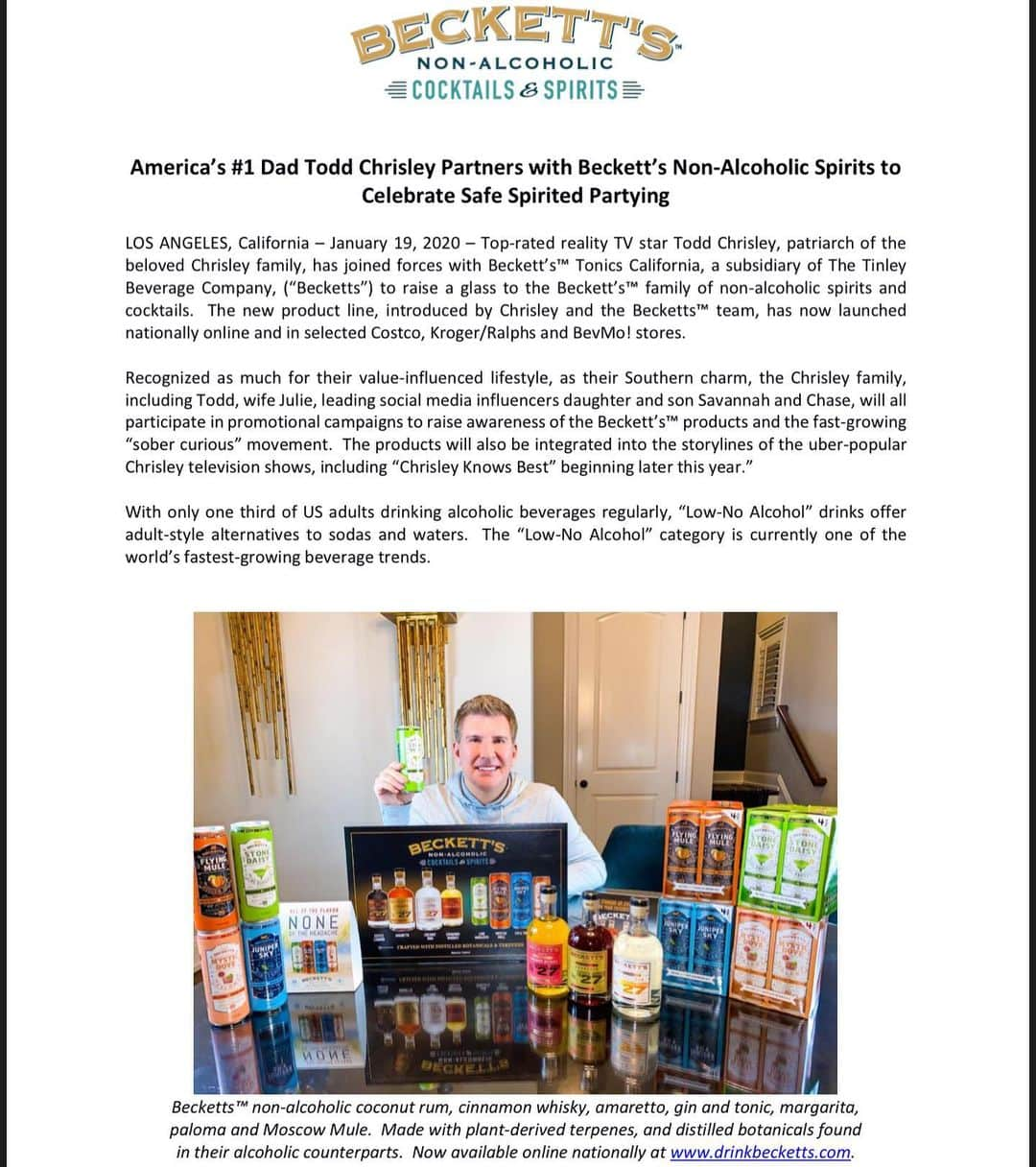 トッド・クリスリーのインスタグラム：「@drinkbecketts I'm excited to share this announcement with you guys! One of my greatest accomplishments and my proudest moments have been raising my children. I have always wanted them to know God, first, know the love that Julie and I have for them and to always stand up for those who can't stand up for themselves. Most folks think they know me but one fact that many don't know is that I've never consumed alcohol and yes that's a NEVER. Because of this I raised my kids to not drink, smoke, or do drugs. When they became legal age some of them decided to stray from this upbringing, this including drinking. It was devastating to Julie and myself. We sat down with the kids and I addressed the disappointment and concern we had in their decisions to drink and I also asked them why they had decided to drink. Their answers were simple...they felt like they needed to drink to fit in with the crowd and that it relieved social anxiety by having a drink in their hand. With this revelation I set out to create a drink that could give them the security they felt they needed without the risk of harming themselves or others. And let's face it, nobody wants a hangover. So welcome to Beckett's labor of love! Drink up! - www.drinkbecketts.com #nonalcoholic #lownoalcohol  #sobercurious #cocktails #spirits #distilled #botanicals @drinkbecketts」