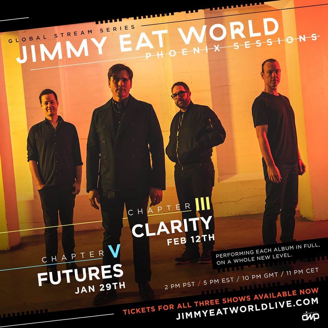 Jimmy Eat Worldのインスタグラム：「This past weekend was only the beginning! 🤘 Two more full album performances are coming up as part of #PhoenixSessions. Take advantage of early bird ticket pricing & grab your tickets for both now: jimmyeatworldlive.com   Jan. 29 – Ch. V – #Futures Feb. 12 – Ch. III – #Clarity」