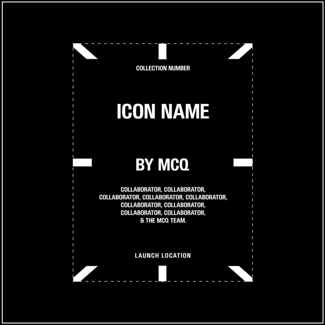 マックキュー アレキサンダー・マックイーンのインスタグラム：「Our collections are called icons. Each tag features the icon name. "By MCQ" is our author logo because MCQ does not have one creative head. Instead we work with different collaborators on each icon, all of whom are credited on the tag.」