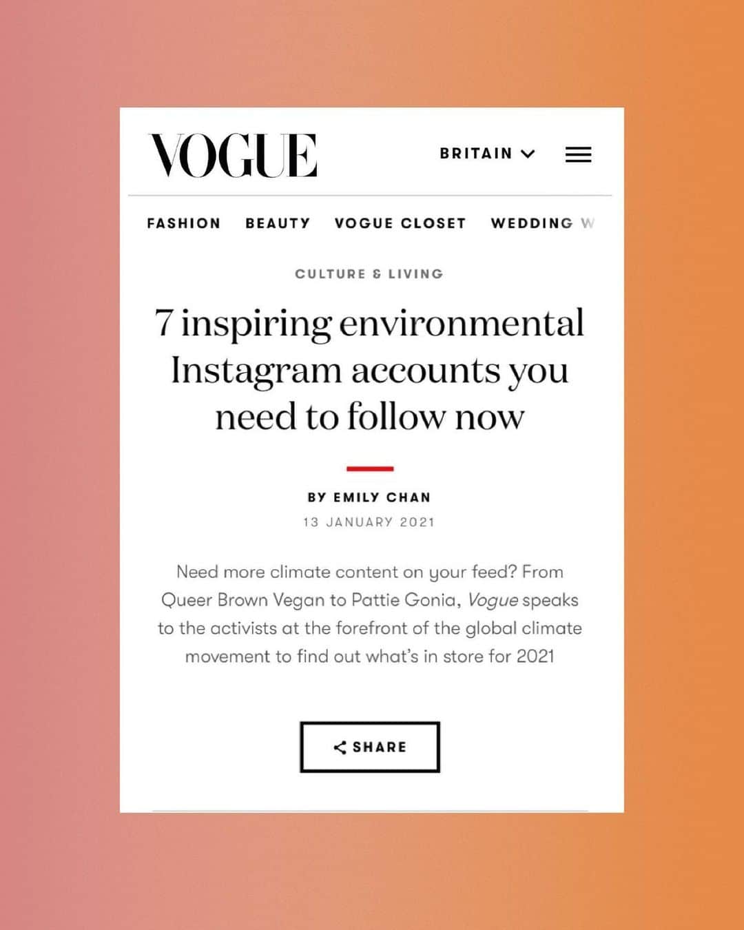 Jackson Harriesのインスタグラム：「Thrilled to have @earthrise.studio featured in @vogue alongside some other amazing environmental activist and influencers. @ninagualinga @vanessanakate1 @toritsui_ @ridhimapandeyy @pattiegonia @queerbrownvegan   🌱💚  Thank-you @chan_ely for the feature!」