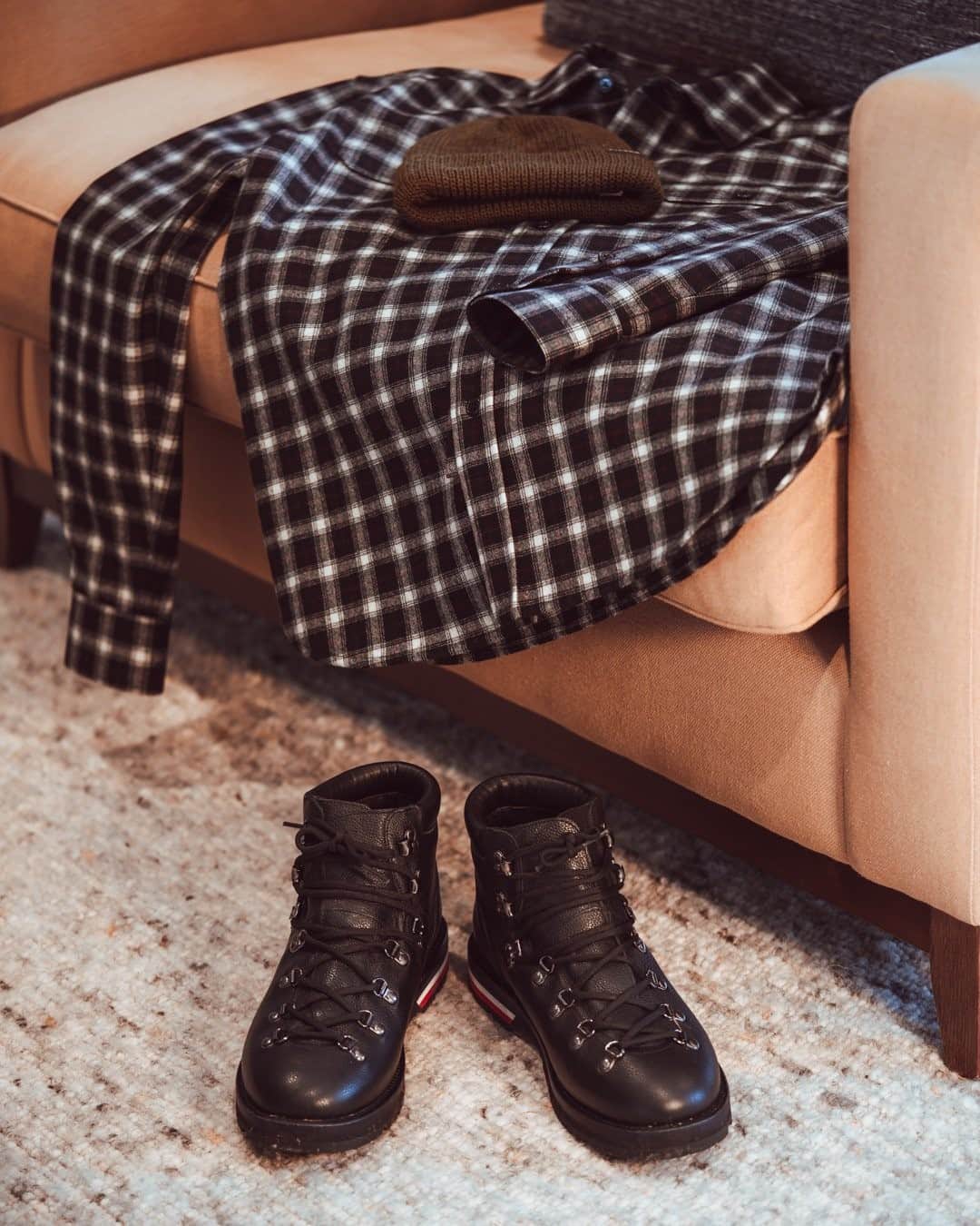 MR PORTERのインスタグラム：「Because these days, every day is a dress-down day #MRPORTERatHome  Shop the story: MONCLER - Striped Full-Grain Leather Boots, SAINT LAURENT - Checked Wool-Blend Flannel Shirt, Filson - Watch Cap Ribbed Wool Beanie」