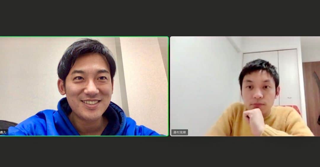 福本義久のインスタグラム：「【zoomで春高反省会】﻿ ﻿ 春高全国大会で仲良くしていただいたテレビ大分の藤村アナと春高実況の反省会。バレーの話とJO1の話と結婚についてが主な議題でした🤭﻿ ﻿ #春高バレー #全国大会 #藤村晃輝 #アナウンサー #zoom #反省会 #バレーボール #JO1 #結婚　#フジ系列 以外も #全国アナウンサー仲間と繋がりたい」
