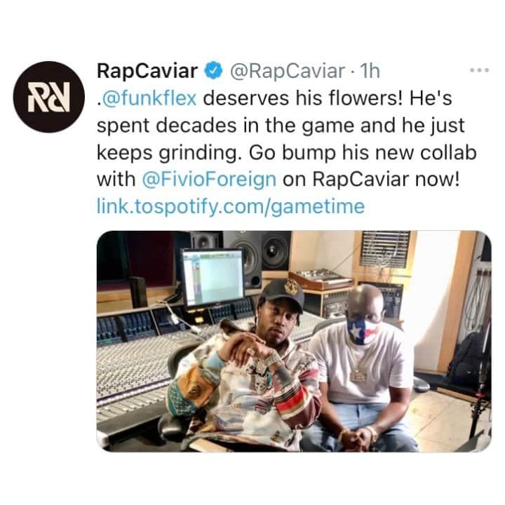 ファンクマスター・フレックスのインスタグラム：「@rapcaviar thanks so much! I know what this playlist means in the street! @carlchery love man! @spotify just happy u guys like the music! @inflexwetrust films and records! @fivioforeign_8fs x @jerry_salutee3x x @imran1231 x @strazzny @columbiarecords for the sign off! WHAT ARTIST SHOULD I WORK WITH NEXT?」