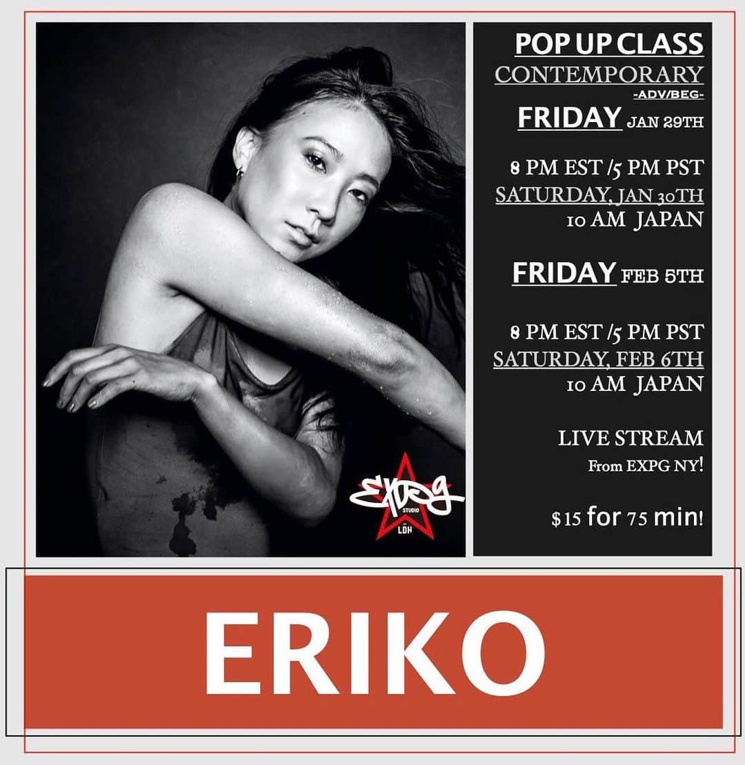 EXILE PROFESSIONAL GYMさんのインスタグラム写真 - (EXILE PROFESSIONAL GYMInstagram)「SAVE TWO DATES !!! Friday JAN 29th and Feb 5th✨✨✨ 8 pm EST   Contemporary (Adv/beg) with @erikosugimura ✨✨✨✨✨✨✨✨✨✨  You won’t wanna miss her class!! 😍😍😍😍 . 😍😍😍😍😍😍😍😍😍😍  . . 😍😍😍😍👏🏽👏🏽👏🏽👏🏽👏🏽👏🏽 . Registration is open !!! . How to book🎟 ➡️Sign in through MindBody (as usual) ➡️15 minutes prior to class, we will email you the private link to log into Zoom, so be sure to check your email! ➡️Classes will start on time, so make sure you pre register, have good wifi and plenty of space to safely dance! . . Zoom Tips🔥 📱If you plan to use your phone, download the Zoom app for the best experience. 🤫Please use the “mute” button when you are not speaking to prevent feedback. 💃You do not have to join displaying your video or audio, but we do encourage it so teachers can offer personalized feedback and adjustments. . 🔥🔥🔥🔥🔥🔥🔥🔥🔥 . #expgny #onlineclasses #newyork #dancestudio #danceclasses #dancers #newyork #onlinedanceclasses」1月20日 11時01分 - expg_studio_nyc