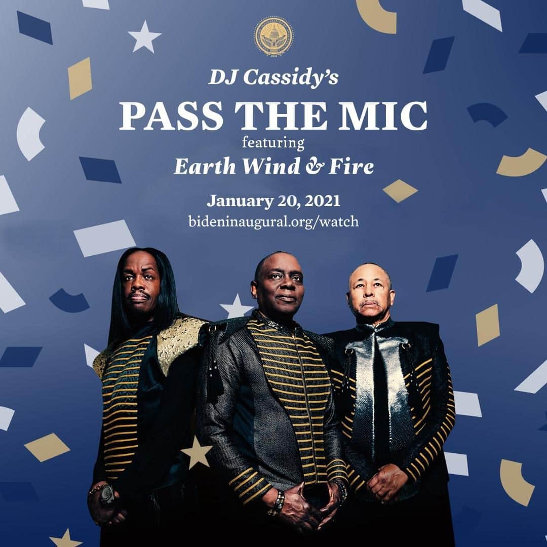 アース・ウィンド・アンド・ファイアーのインスタグラム：「🚨 TOMORROW!!⠀ @DJCassidy - Pass The Mic - Featuring Earth, Wind & Fire and Other Surprise Guests⠀ The Inauguration of President Joe Biden & Vice President Kamala Harris⠀ Parade Across America⠀ Wednesday, January 20th, 2021 3:15pm EST⠀ CNN & http://BidenInaugural.org/watch」