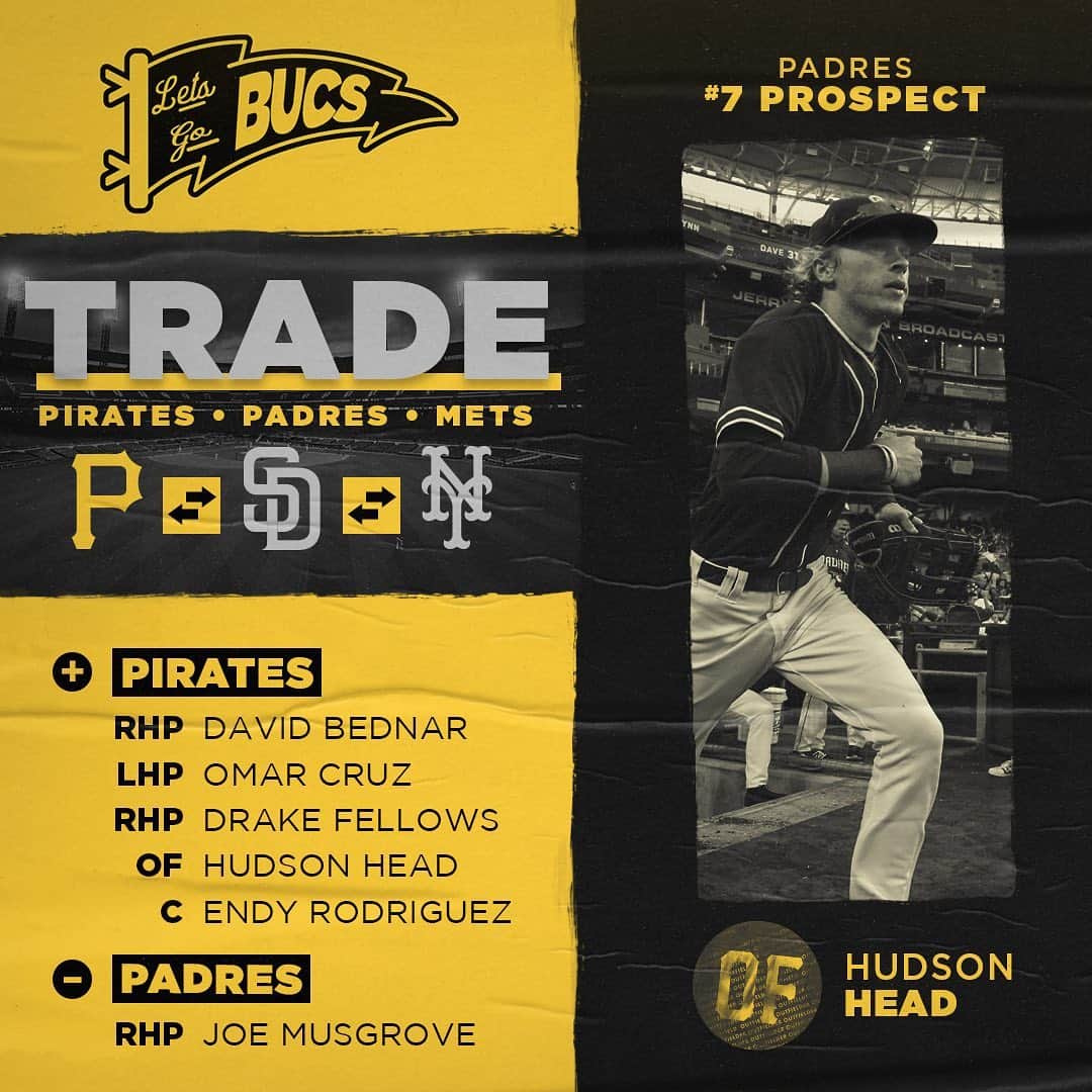 ピッツバーグ・パイレーツのインスタグラム：「We have acquired OF Hudson Head, LHP Omar Cruz, and RHPs David Bednar and Drake Fellows from the Padres, along with C Endy Rodriguez from the Mets in a three-team trade. In exchange, we have traded RHP Joe Musgrove to the San Diego Padres.」