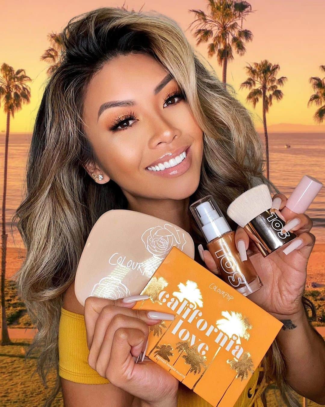 リアン Vのインスタグラム：「GIVEAWAY TIME! 🎁 So excited to share my new bundle I just launched with @colourpopcosmetics ✨ It’s called “Cali Glow”🌴 This bundle I created are my top must haves! 😍 For the giveaway I’ll be picking 5 lucky winners! Here are the Giveaway details :  • Follow @LianeV & @Colourpopcosmetics • Like and comment on the picture  • Giveaway closes in 3 days  Prize: LianeV x Colourpop bundle  US only❗️」