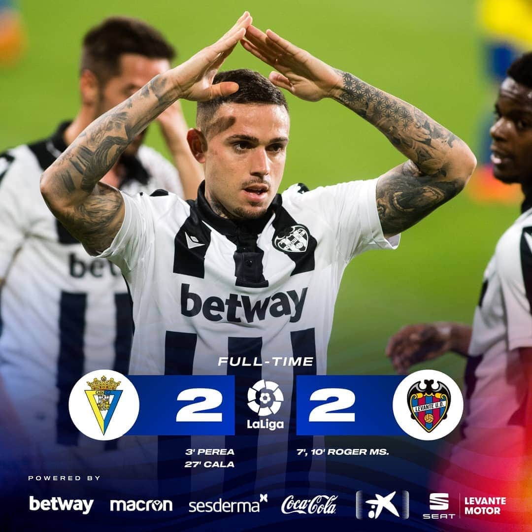のインスタグラム：「FINAL ➡️ @cadizclubdefutbol 2-2 #LevanteUD   ⚽️⚽️ @rogermartii9  #CadizLevante」
