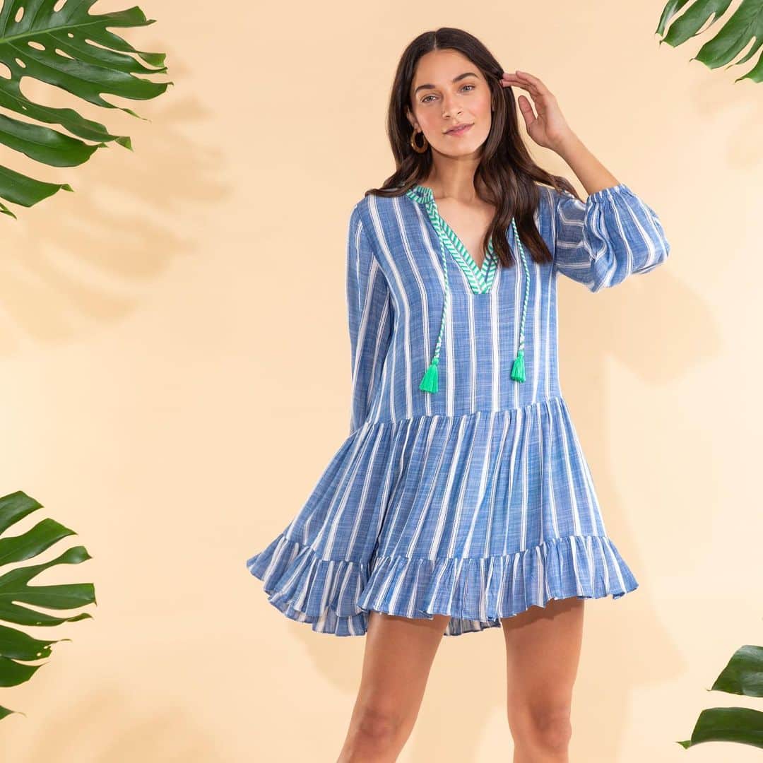 のインスタグラム：「She’s back! Back by popular demand, the Umbrella mini dress cover-up is now available in a brand new colorway this season. #Addtocart with one tap! #shoshanna #swim #coverup #bestseller #vacation」