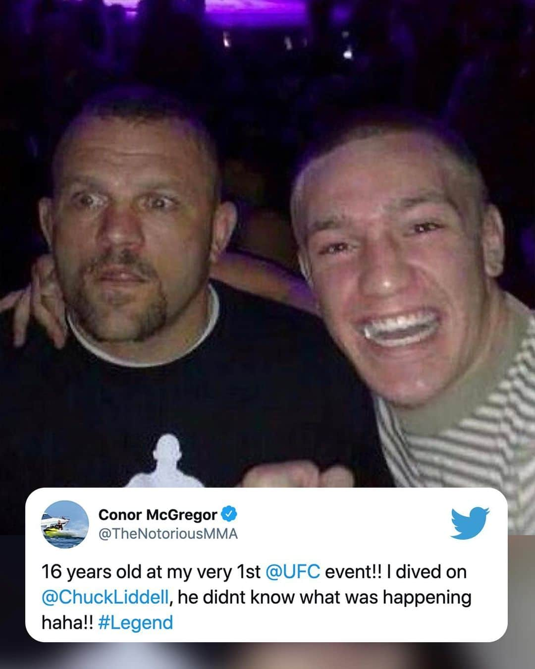 スポーツセンターさんのインスタグラム写真 - (スポーツセンターInstagram)「Five years before he was in the UFC, Conor McGregor went to witness his first UFC event in 2008 and took this photo with Chuck Liddell as a huge fan. The second slide was taken in 2020, where Chuck Liddell is now in the crowd, watching Conor McGregor. 👏🙌 #UFC257 @espnmma   (via @desautomatas, @chuckliddell, @thenotoriousmma)」1月20日 5時34分 - sportscenter