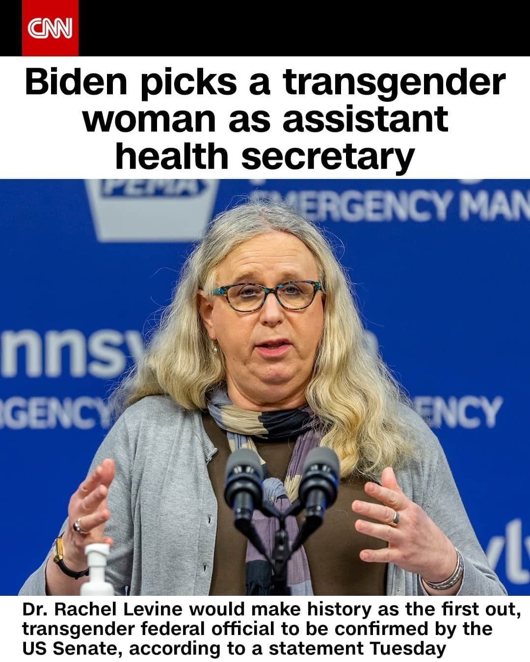 CNNさんのインスタグラム写真 - (CNNInstagram)「President-elect Joe Biden has nominated Dr. Rachel Levine to serve as assistant health secretary, and she would make history as the first out, transgender federal official to be confirmed by the United States Senate, according to a statement Tuesday. Levine is currently the Pennsylvania health secretary and a pediatrics and psychiatry professor at Penn State College of Medicine.⁠ ⁠ (📸: Joe Hermitt/The Patriot-News/AP)⁠」1月20日 6時02分 - cnn