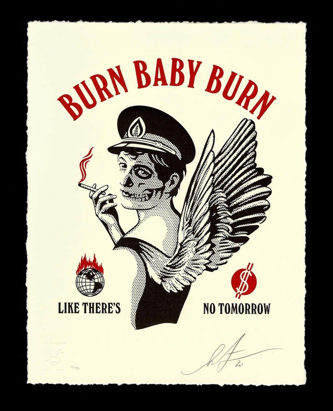 Shepard Faireyのインスタグラム：「BURN BABY BURN LETTERPRESS AVAILABLE THURSDAY, JANUARY 21ST!⁠⠀ ⁠⠀ Burn Baby Burn, inspired by the aesthetics of “live fast - die young” rock ’n’ roll, is a critique of some harmful habits we are addicted to. Not just the harmful effects of burning fossil fuels, but also the dangerous psychology of denial and nihilism that underpins the apathy toward the planet’s future (and ours)! Whether it is the defiant greed of the fossil fuel corporations or the indifference of a public comfortable with status quo habits around fossil fuels, further delay in transitioning to renewable energy sources will be catastrophic for the planet and all of its species. I know that none of us like the idea of disrupting a comfortable habit. Still, the relative ease of a gradual transition off of fossil fuels is vastly superior to the stresses, and disastrous consequences, of waiting until many of the impacts are past their tipping point. If we keep waiting to act until tomorrow, the phrase “like there’s no tomorrow” might drop the “like” and become more literal. This print is on cotton rag sustainable paper, by the way. A portion of the proceeds from this print will benefit @greenpeaceusa to assist their efforts to protect the environment and ween America off fossil fuels. Thanks for caring.⁠⠀ -Shepard⁠⠀ ⁠⠀ Burn Baby Burn. 10 x 13 inches. Letterpress on cream cotton paper with hand-deckled edges. Signed by Shepard Fairey. Numbered edition of 450. $65. Proceeds go to @greenpeaceusa. Obey publishing chop in lower left corner. Available on Thursday, January 21st @ 10 AM PST at https://store.obeygiant.com/collections/prints. Max order: 1 per customer/household.  International customers are responsible for import fees due upon delivery.⁣ Shipping may be delayed due to COVID19. ALL SALES FINAL.」