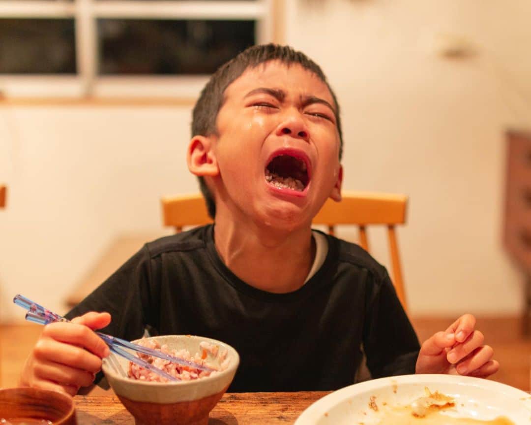 のインスタグラム：「珍しく号泣する長男（水餃子が美味しくてもっと食べたかったのに気がついたら弟に食べられて数が少なくなってた。おかわり２個じゃ少ないー、と泣いている）と、珍しく食べるスピードが早くて水餃子をたくさん食べられたのでご機嫌な次男。  #沖縄 #移住 #子育て #セソコボーイズ」