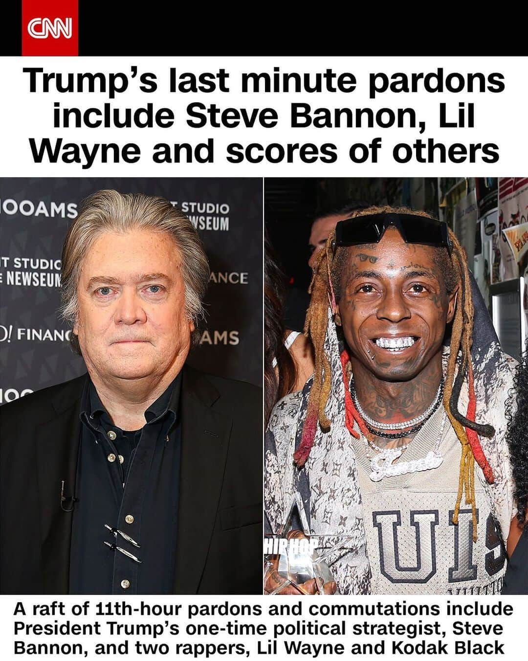 CNNさんのインスタグラム写真 - (CNNInstagram)「Outgoing President Donald Trump issued a raft of 11th-hour pardons and commutations early Wednesday that included his onetime political strategist, Steve Bannon, and well known rappers Lil Wayne and Kodak Black. The batch of 73 pardons and 70 commutations issued in the final hours of his presidency was expected, but the list reflected a President keen on awarding pardons to his stalwart allies, an unusual number of whom have been swept up in corruption or lying charges. Though neither Trump or members of his family were included on his list, Trump has until noon on Wednesday to issue any final pardons before leaving office. (📸: Bennett Raglin/Tasos Katopodis via Getty Images)」1月20日 20時31分 - cnn