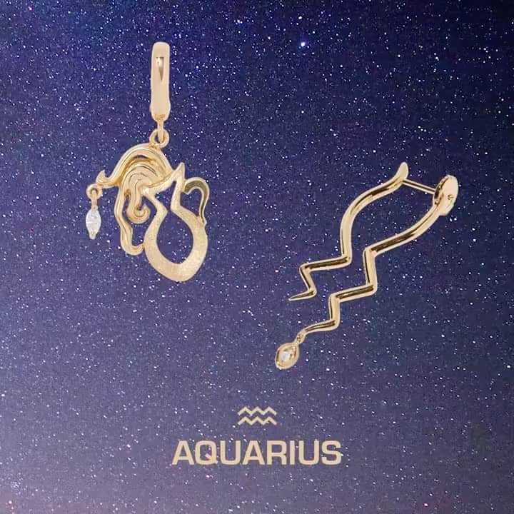 稲木ジョージのインスタグラム：「It’s Aquarius season ♒️🌬You are known for being fearlessly unique and encouraging others to express themselves💞 Basically YOU are the good vibes💕 @milamorejewelry  ミラモアでは、星座コレクションもあります♒︎19日からは風邪エレメントの水瓶座時代☺️これまでには、「支配の時代」だったらしいですが、これからは「解放の時代」になっていくらしい😇そんな2000年に１度の大転換期に生きているってことなんだってー🤪信じるか信じないかは置いておいて、いい事だから鵜呑みにしておこ🤣 メッキではない本物の18金の星座ピアスそしてチャームをつけてパワーモリモリにしましょ🔥自然からいただいた資源なので、パワーないわけがない！宝石の力を「お借り」してさらに輝きましょ✨」