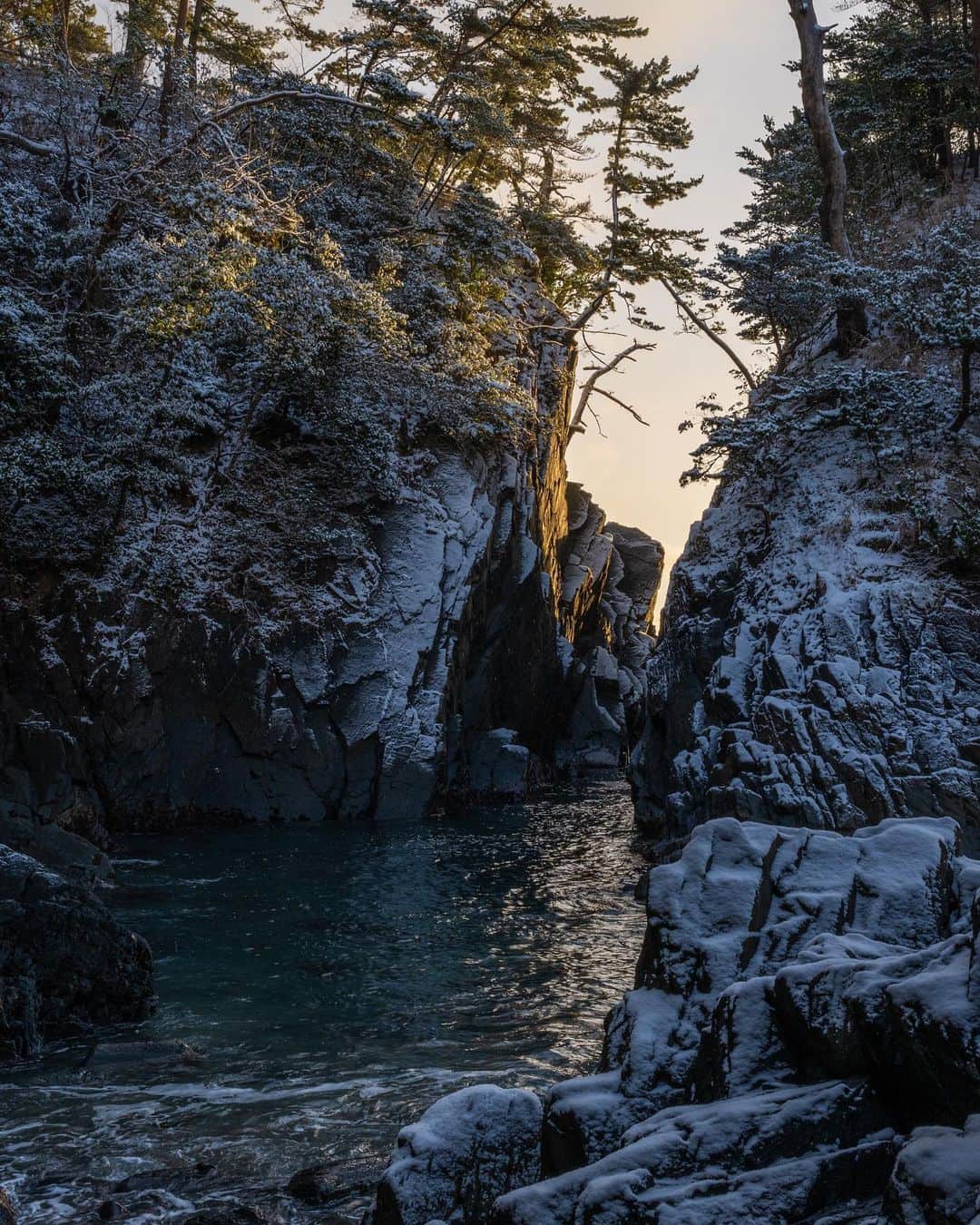 mikaestのインスタグラム：「Sunrise at Cape Kamiwarisaki -The whale and cape divided by god.- 雪の神割崎 . ここは南三陸の神割崎。 例年２月中旬と10月下旬頃には岩の間からのぼる日の出を望むことができます。 訪れた時は朝陽はだいぶ右からのぼってきましたが、岩や木に光が当たる感じが良かったです😊 たまたま雪も積もっていて…なかなか雪の日に行く人は居ないと思いますが笑笑、海の岩場の雪もなかなか良いもんですね☃️ 神割崎には神様が岩を割った伝説があり、ちょうど岩の割れ目が南三陸町と石巻市の境界になっていて、海岸にもその目印があるので訪問されたら見つけてみてください👀 . 環境省と東京カメラ部による国立公園の魅力を発信するためのPRに携わっており、先日、三陸復興国立公園での撮影で訪問しました。 . Nikon Z7 NIKKOR Z 24-70mm f/2.8 S #Zcreators . #発災10年フォトコンテスト #復興の歩み宮城 . #三陸復興国立公園 #神割崎 #南三陸 #宮城県 #sunrise #行くぜ東北 .」