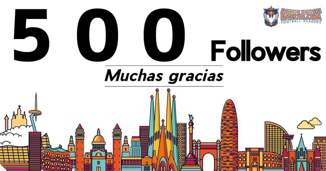 Alb Barcelona Football Academyのインスタグラム：「🎊500フォロワー達成🎊 . いつも投稿をご覧いただいたり、いいねしてくださったりありがとうございます！ . これからもアルビレックス新潟バルセロナの魅力はもちろんですが、現地で活動する留学生、街並み、生活、食事、人など... . 幅広く発信し続けていきたいと思います。 . まずは目指せ1,000フォロワー🤔 . これからもアルビレックス新潟バルセロナをよろしくお願いいたします。 . . .  #アルビレックス新潟 #バルセロナ #アルビバルセロナ #アルビレックス新潟バルセロナ  #サッカー #留学 #スポーツビジネス #指導者 #スペイン #スペイン語 #海外」