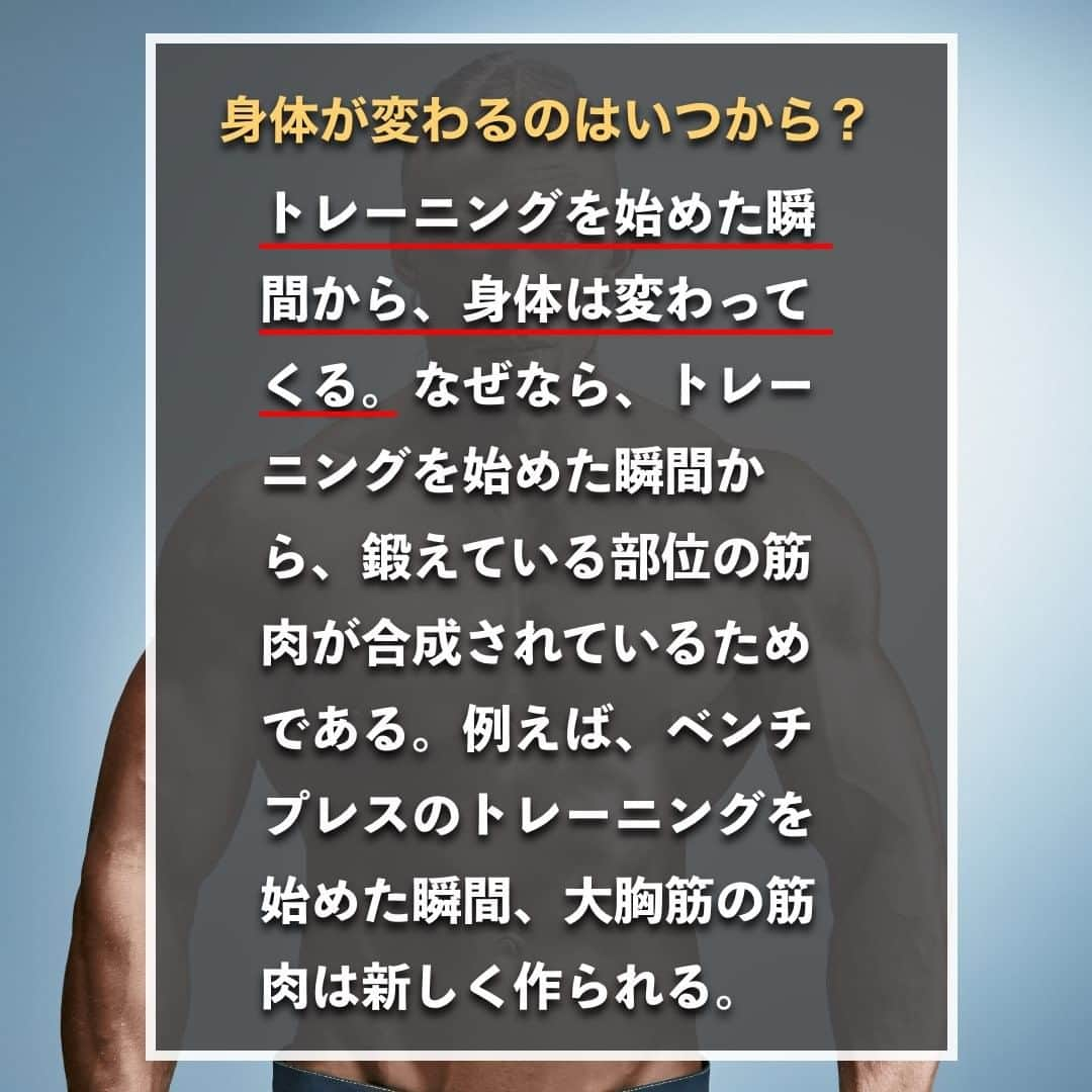 山本義徳さんのインスタグラム写真 - (山本義徳Instagram)「【筋トレ効果がで始めるのはいつ？】  筋トレをして外見に変化が現れる期間はどのくらいなのだろうか？  今回は、筋トレを始めたばかりの人がトレーニング効果を実感するまで、 およそどのくらいの期間がかかるのかについて解説する。  是非参考になったと思いましたら、フォローいいね また投稿を見返せるように保存していただけたらと思います💪  #筋トレ効果 #筋トレ効果アップ #筋トレ効果でてきた #筋トレ #筋トレ女子 #筋トレダイエット #筋トレ初心者 #筋トレ男子 #ボディビル #筋肉女子 #筋トレ好きと繋がりたい #トレーニング好きと繋がりたい #筋トレ好き #トレーニング男子 #トレーニー女子と繋がりたい #ボディビルダー #筋スタグラム #筋肉男子 #筋肉好き  #トレーニング大好き #トレーニング初心者 #筋肉トレーニング #エクササイズ女子 #山本義徳 #筋肉増量 #valx筋トレ部 #VALX #モチベーション #モチベーションアップ #生産性」1月20日 20時00分 - valx_kintoredaigaku