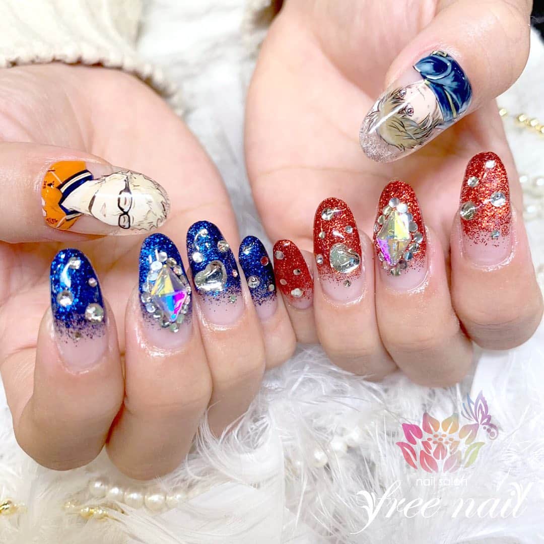 free nail フリーネイルのインスタグラム：「. お客様ネイル💅🏻💫 . 痛ネイルもfreenailで👌🏻💗 . ご予約時お伝えいただけますとご案内がスムーズです👩🏻‍🎨🎨 . ご来店ありがとうございました🙇🏻‍♀️🙇🏻‍♀️🙇🏻‍♀️💗 . #ネイルアート #ジェルネイル #ネイルサロン #大阪ネイルサロン #ネイルデザイン #ネイルチェンジ #痛ネイル #キャラクターネイル #手書きネイル #ラメグラデーション #ブルーネイル #レッドネイル #デザインネイル #トレンドネイル #派手ネイル #ギラギラネイル #ネイルパーツ #冬ネイル #winternails #nailsart #nailsdid #美甲 #日式美甲 #日式美甲胶 #日本美甲师 #日本美甲老师 #美甲上课 #日本胶 #フリーネイル #freenail」