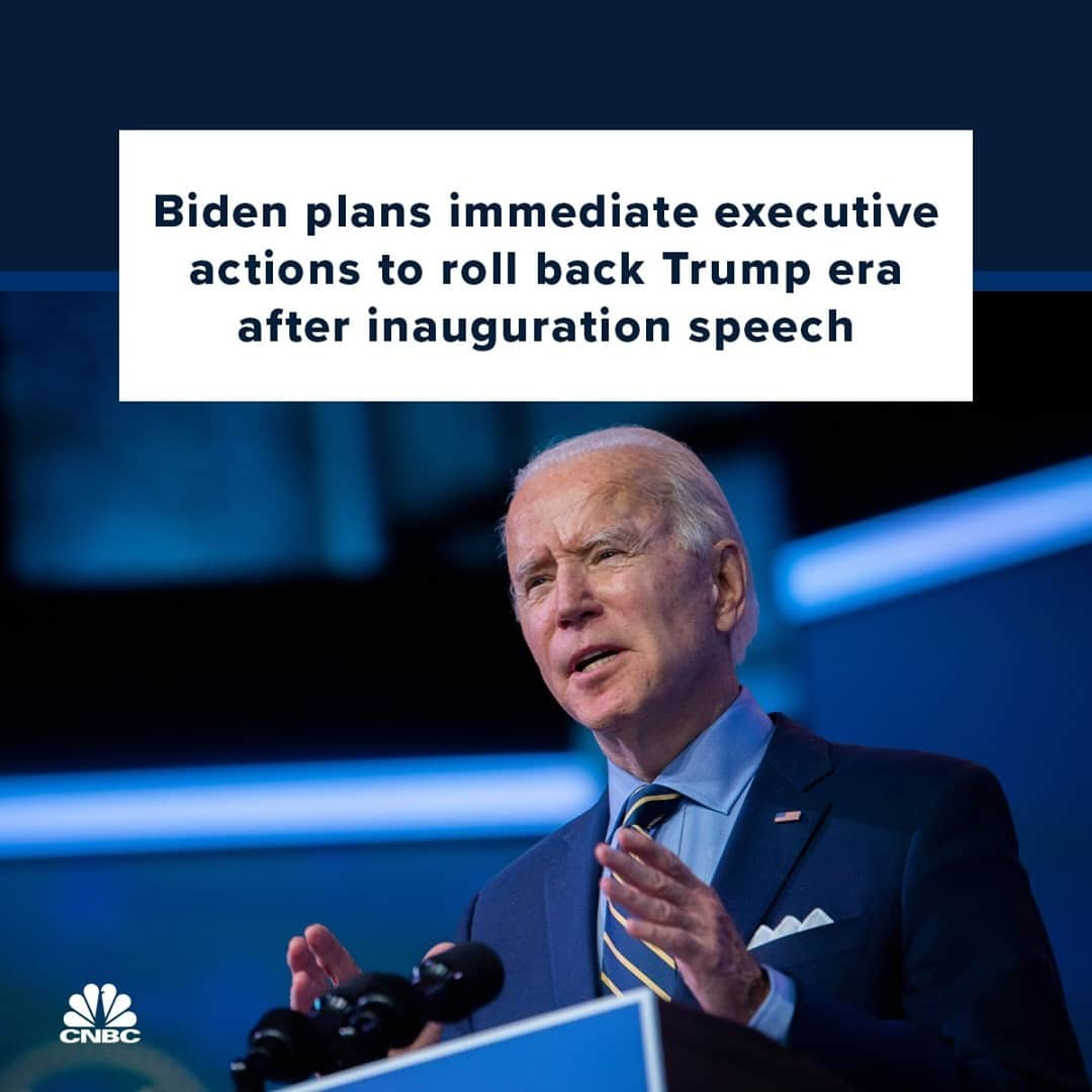 CNBCさんのインスタグラム写真 - (CNBCInstagram)「President-elect Joe Biden plans to take immediate action to turn the page on the Trump era after his inauguration speech this week, chief of staff Ron Klain said Sunday.⁠ ⁠ Biden is planning a 10-day blitz of executive action on what his administration is calling the “four crises” facing the country — Covid-19, the economic downturn, racial injustice and climate change. Biden is set to officially take office on Wednesday at noon ET.⁠ ⁠ Biden's plans include: Rejoining the Paris climate change agreement and reversing President Donald Trump’s travel ban, which applies to several Muslim-majority countries. Biden will also require masks on federal property and interstate travel and take action to extend eviction and foreclosure restrictions.⁠ ⁠ For more details on the executive actions Biden plans to sign, visit the link in bio.」1月20日 12時30分 - cnbc