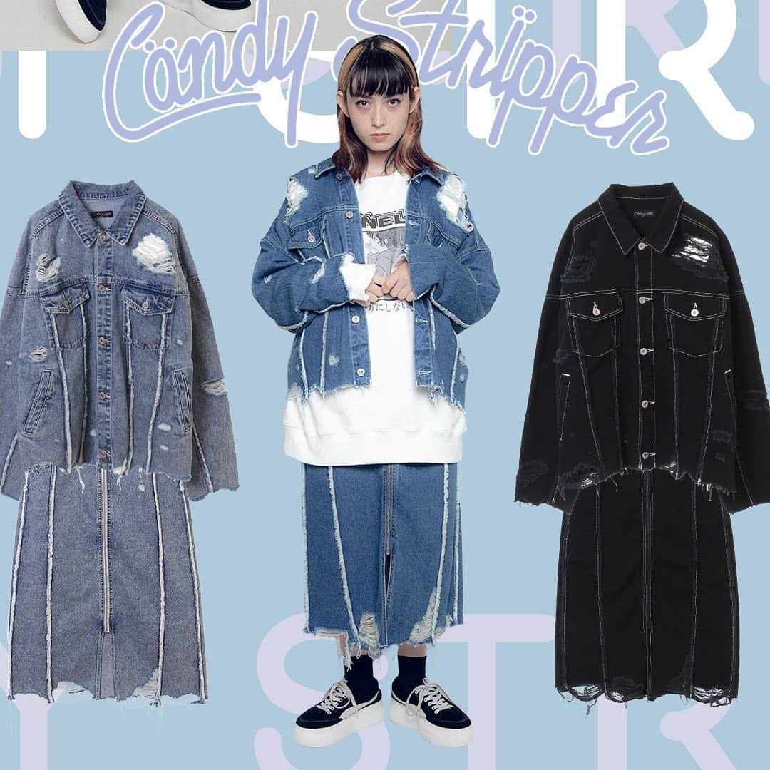 Candy Stripperさんのインスタグラム写真 - (Candy StripperInstagram)「.﻿ 💙𝙉𝙀𝙒 𝘼𝙍𝙍𝙄𝙑𝘼𝙇💙﻿ ﻿ RAGGED JACKET﻿ ¥25,300(in tax)﻿ color: INDIGO BLEACH / INDIGO / BLACK﻿ ﻿ 裾と袖口が切りっぱなしデザインのジャケット。随所に配した穴あきやダメージ加工が特徴で、程よい肉厚の生地感なのでロングシーズン着れるデザインです。﻿ ﻿ RAGGED SKIRT﻿ ¥20,900(in tax)﻿ size: 1 / 2﻿ color:  INDIGO BLEACH / INDIGO / BLACK﻿ ﻿ 裾切りっぱなしデザインのロングスカート。切り替え部分のダメージ加工もアクセントに。程よくタイトなシルエットです。ジャケットと合わせたセットアップのコーデもおすすめ。﻿ ﻿ @candystripper_official  商品詳細は画像をタップ🛒⚡️﻿ ﻿ #candystripper﻿ #2020Winter﻿ #inanyway﻿ #candystore」1月20日 12時32分 - candystripper_official