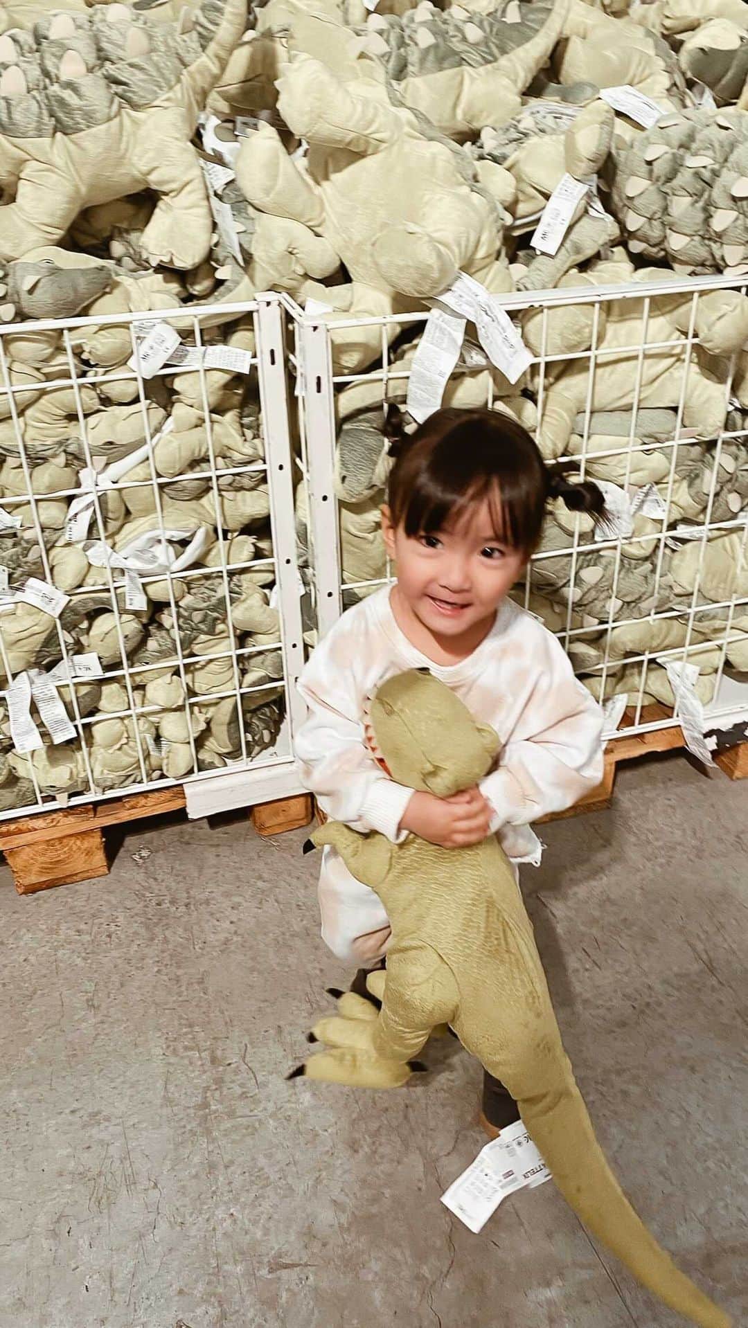 孫きょうのインスタグラム：「ダイナソーだいしゅっき🦖🤎  #IKEAでお決まり #ぬいぐるみ抱えて #大好きと言えばいいと思ってる #あざとい系女子  #3歳 #女の子ママ」
