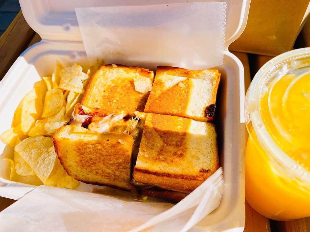 倉田雅世のインスタグラム：「わん散歩。 遅めのお外でランチ。 チーズハンバーグサンドウィッチ。 おひさまのひかり。 #いぬすたぐらむ」