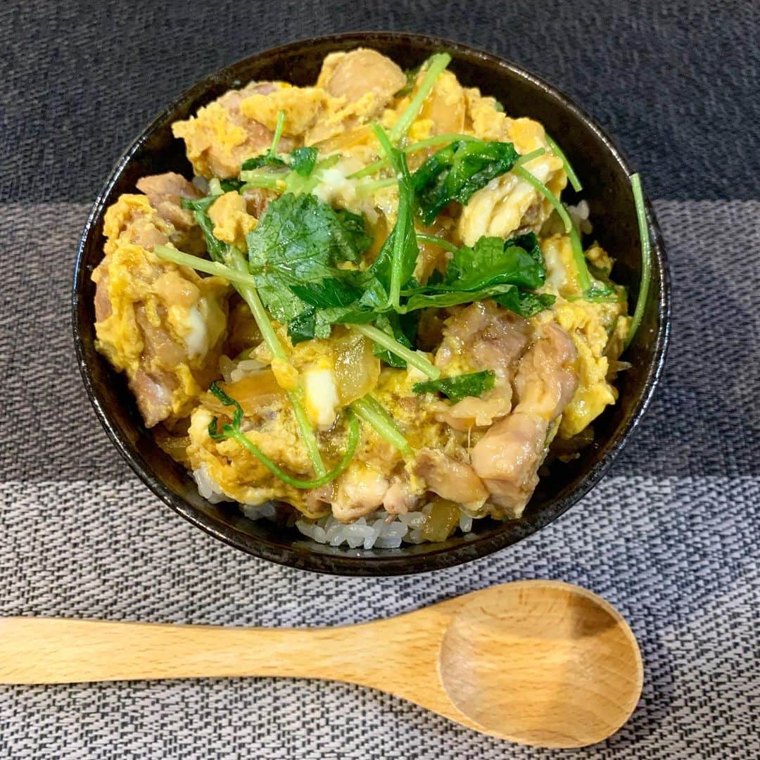 シュネルのインスタグラム：「『親子丼』  ■材料 鶏肉もも150g 玉ねぎ1/4 三つ葉ひと掴み たまご2個  ①味付け 醤油大さじ1 みりん大さじ1 酒大さじ1/2 砂糖小さじ1 ほんだし少々 白だし10cc 水80cc  1.とり肉を一口サイズに切り、玉ねぎは5mmくらいにくし切りにしていく。  2.鍋に①を入れたら玉ねぎを入れて2分ほど煮る  3.とり肉を入れたら更に3分煮込む  4.溶いた卵を1回目は全体的にかけて10秒くらいだったら残りの卵を真ん中中心にかけて三つ葉をのせる  5.蓋をして３０秒中火で蒸したら完成  #food #料理 #レシピ #おうちごはん #親子丼 #シュネルキッチン」