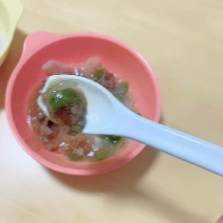 桜 稲垣早希のインスタグラム：「子供の天敵！はじめてのピーマンに挑戦しました。 手掴み食べでは野菜は全て投げ捨てられますがスプーンだと食べてくれる率が高いので、手掴みはパンケーキや果物にして、確実に摂取してほしい野菜やお肉はまだスプーン食べにしてます。 #生後11ヶ月男の子 #そろそろスプーン練習 #歯ブラシは機嫌いい時やってくれるけど眠い時は大泣き」
