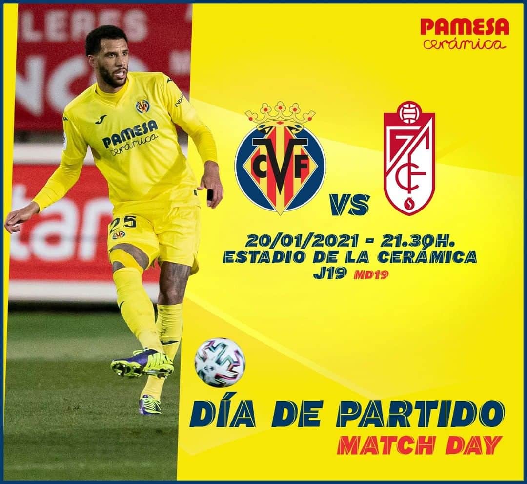 ビジャレアルCFのインスタグラム：「¡Día de partido! ¡Esto no para y vuelve @LaLiga 💪!  🆚 @granadacf 🏆@laliga 🗓️ Jornada 19 ⌚ 21.30h 🏟️ Estadio de la Cerámica 📺 @movistarplus 📱 #VillarrealGranada .  Game day! No time to stop and we are back in @LaLiga action 💪!  🆚 @granadacf 🏆@laliga 🗓️ Matchday 19 ⌚ 9:30pm CET 🏟️ Estadio de la Cerámica 📺 LaLigaTV (🇬🇧) 📱 #VillarrealGranada  #Villarreal #futbol #football #soccer」