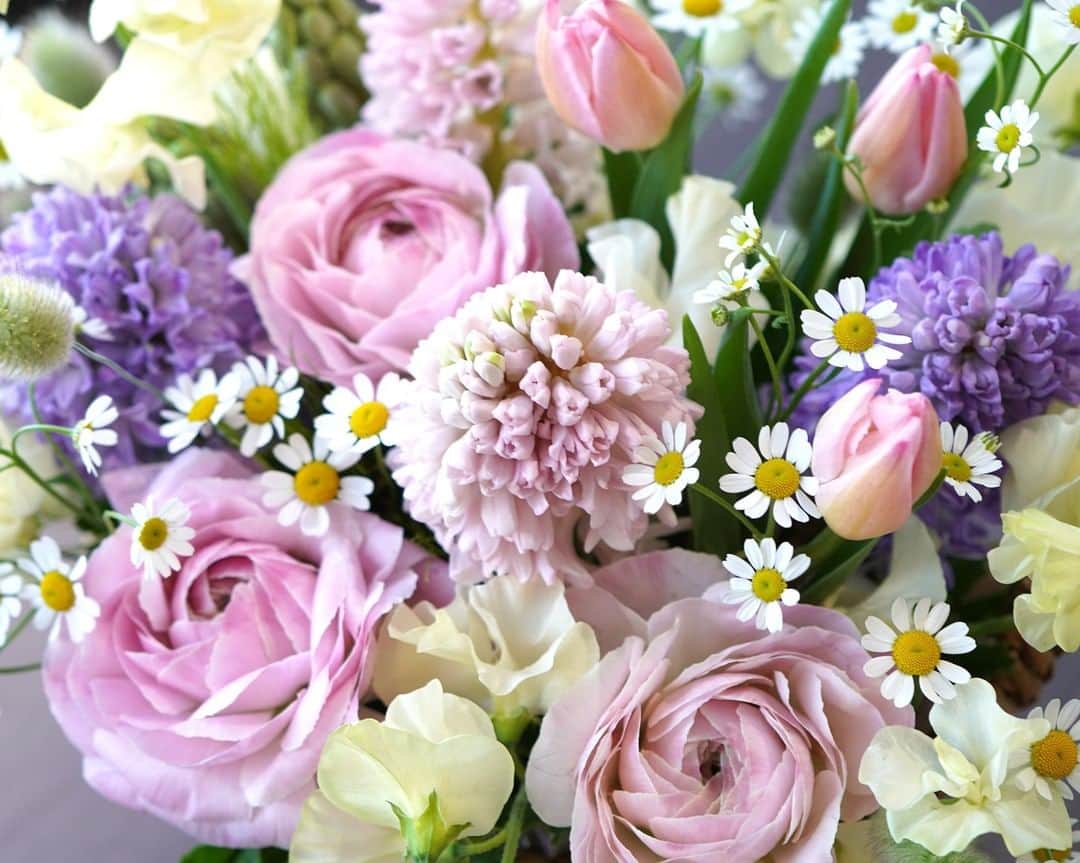 AOYAMA_HANAMOさんのインスタグラム写真 - (AOYAMA_HANAMOInstagram)「パステルカラーの春の花を使い、ナチュラルな印象に仕上げたおまかせアレンジメント。 近づくと紫とピンクのヒアシンスの甘い香りがただよいます。 ・ お誕生日祝いや出産祝いなど、ご希望のイメージでひとつひとつお作りいたします。 - - - #aoyamahanamo #flowers #flowershop #florist #instaflower #flowergram #flowerstagram #flowerlovers #おまかせアレンジメント #青山花茂おまかせアレンジメント #ラナンキュラス #スイートピー #ヒアシンス #チューリップ #マトリカリア #春の花 #花のある日常 #インスタフラワー #インテリアフラワー #フラワーアレンジメント #フラワーギフト #おうちフラワー #出産祝い #誕生日祝い」1月20日 18時22分 - aoyama_hanamo