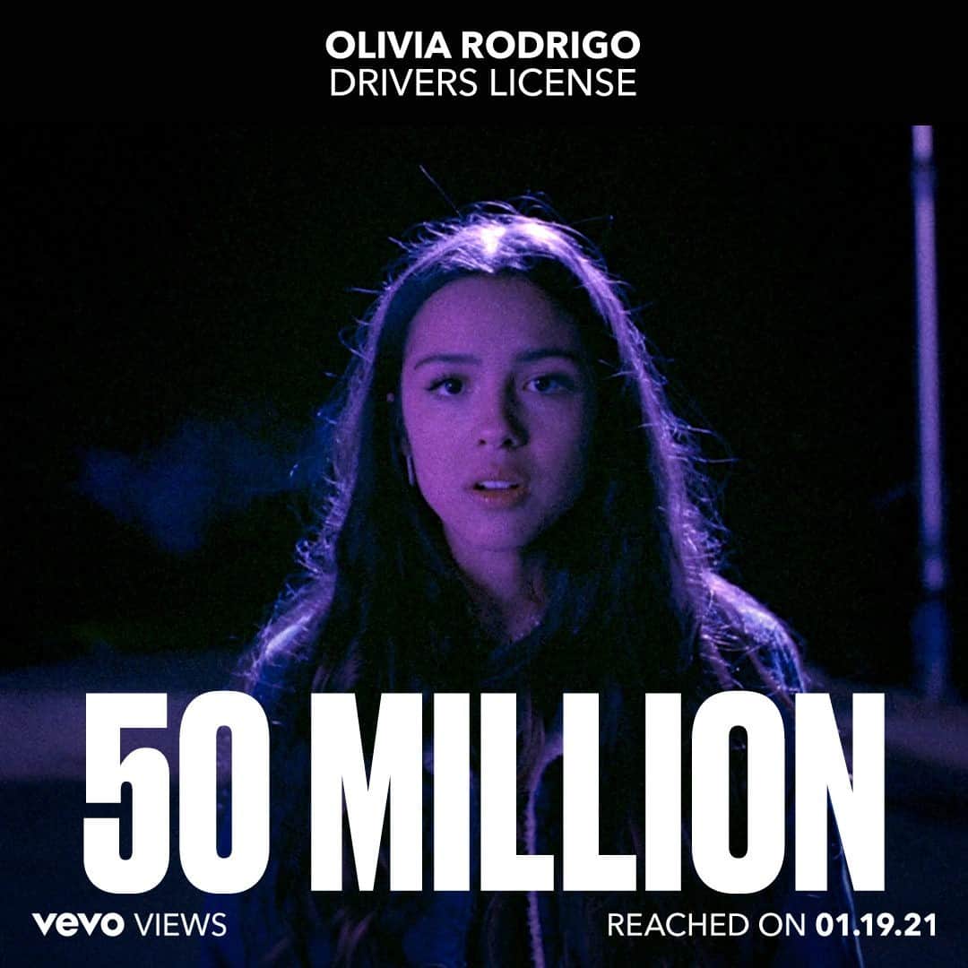 のインスタグラム：「The views keep racking up! 50 million and counting 🚨Congrats @Olivia.Rodrigo on the "drivers license" milestone!!!! ⠀⠀⠀⠀⠀⠀⠀⠀⠀ ▶️[Link in bio] #OliviaRodrigo #driverslicense」