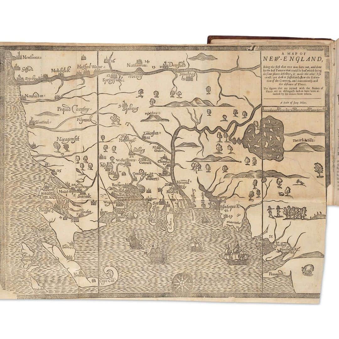 クリスティーズさんのインスタグラム写真 - (クリスティーズInstagram)「This extremely rare first edition map depicts King Philip's War, which was an armed conflict from 1675–1678 between Native Americans and the invading New England colonists. This war continued in the most northern reaches of New England until the signing of the Treaty of Casco Bay in April 1678.⠀ .⠀ Originally printed in Boston, this is thought to be the first map of America to have been printed in North America. The present edition — printed in London and issued only three months after the Boston edition—  reprints the text word for word, while correcting many of the earlier edition's typographical errors.⠀ .⠀ The large woodcut map is a copy of the map in the Boston edition (both showing East and West reversed), several of the place names being misspelled, the most obvious discrepancy being the substitution of 'The Wine Hills' for the 'White Hills' of New Hampshire.⠀ .⠀ The Present State of New-England — With The 'Wine Hills' Map, William Hubbard, 1677. Estimate: $70,000-80,000.⠀ .⠀ In Praise of America: Important American Furniture, Folk Art, Silver, Prints and Broadsides — 21 January, New York⠀ .⠀ #maps #map #historicalmap #newengland #capecod #williamhubbard #earlyamerica #earlyamericanmap #americana」1月21日 5時11分 - christiesinc