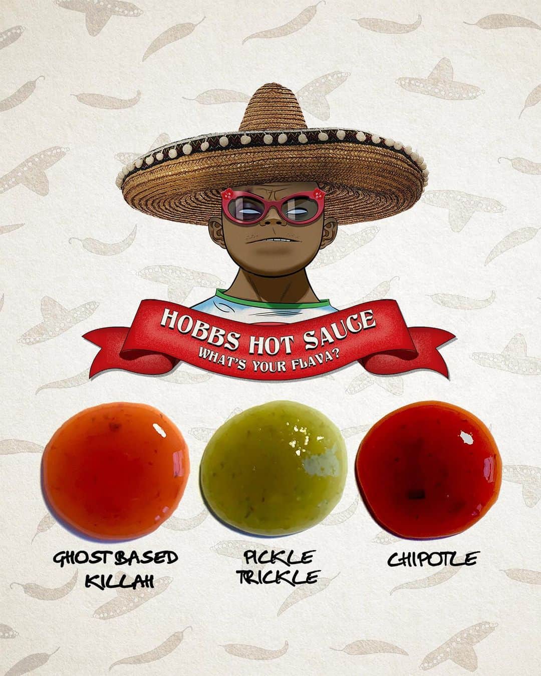 Gorillazのインスタグラム：「Get to know Hobbs Hot Sauce 🌶 What’s YOUR flava?  Made in collaboration with @barnfathers 👊」
