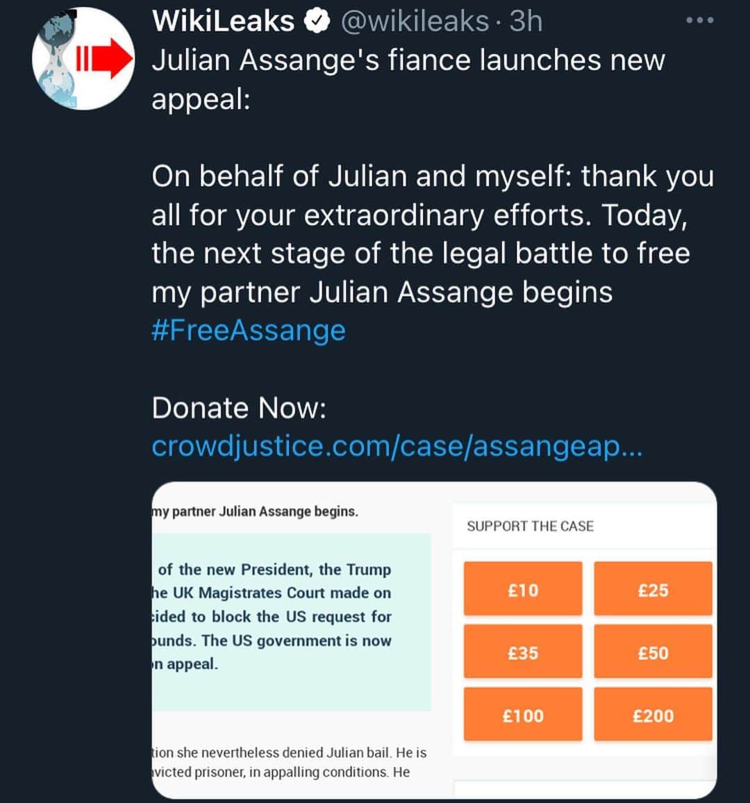 WikiLeaksさんのインスタグラム写真 - (WikiLeaksInstagram)「Julian Assange's fiance launches new appeal:   On behalf of Julian and myself: thank you all for your extraordinary efforts. Today, the next stage of the legal battle to free my partner Julian Assange begins #FreeAssange   Donate Now: https://www.crowdjustice.com/case/assangeappeal/」1月21日 5時28分 - wikileaks