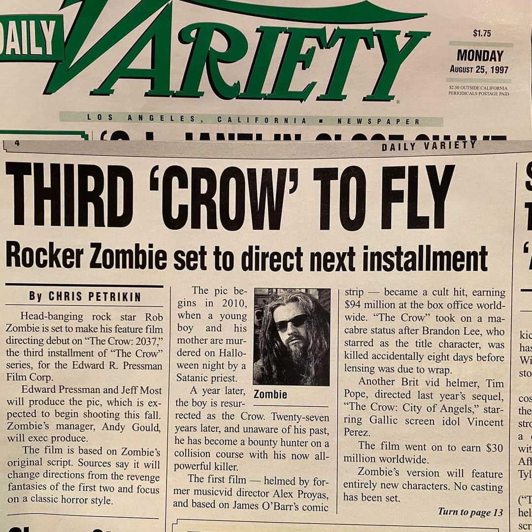 ロブ・ゾンビのインスタグラム：「1997 - “Third Crow a No-Go “ is what it should have said. Damn, sometimes you waste a lot of time on movies that don’t happen. Oh well. #robzombie #thecrow #not」