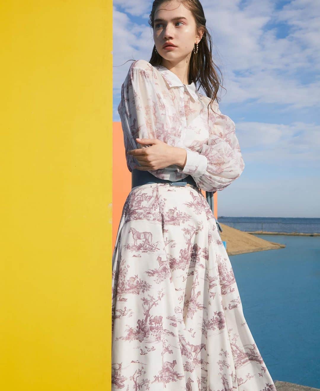 eimy istoireさんのインスタグラム写真 - (eimy istoireInstagram)「.﻿ 2021 Spring Collection﻿ ﻿ ✔︎Hailey pattern シアーシャツ﻿ (3月商品)﻿ 上品な透け感と柔らかな風合いが魅力的なシャツ。﻿ eimyオリジナルのプリントで﻿ オリジナルティ溢れる1枚。﻿ ﻿ ✔︎Hailey pattern ボリュームフレアースカート﻿ (3月商品)﻿ シルエットがキレイにでる、ハリのある素材。﻿ たくさんのマチを入れてボリュームを出した、﻿ ウエスト周りはスッキリした大人っぽいシルエット。﻿ ﻿ ﻿ #eimyistoire #eimy_snap #eimy #spring #springcollection #2021ss #fashion #coordinate #outfit #ootd #look #エイミーイストワール #エイミー #ルック #春服」1月20日 22時11分 - eimyistoire_official
