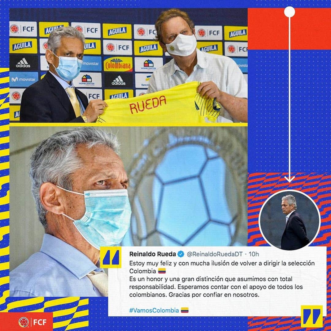 サッカー コロンビア代表チームのインスタグラム：「¡La ilusion es de toda Colombia! 🟡🟡🔵🔴  #BienvenidoProfe @oficialreinaldorueda   #VamosColombia 🇨🇴」