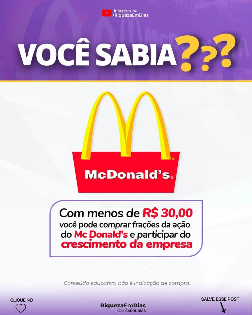 Carol Diasさんのインスタグラム写真 - (Carol DiasInstagram)「Você sabia que pode ser sócio do Mc Donald's ? . Uma empresa mundialmente famosa, conhecida até em países onde a carne bovina é proibida, como a Índia. Sabia que você pode investir na empresa com pouco dinheiro? . Quer aprender como investir em ações no exterior? . 📌Marque um amigo e comente EU QUERO . . .  .  ❤️ Curta o post 💾 Salve a arte para ver depois ➡️ Ative as notificações para receber todo conteúdo novo que eu postar aqui . #voabrasil #investimentos #dinheiro #empreendedorismo  #investimento  #fundosimobiliários #investir  #trader  #mercadofinanceiro #bolsadevalores  #finanças  #fiis  #economia #finançaspessoais #planejamentofinanceiro #investidor  #liberdadefinanceira  #investidorinteligente #caroldias #rendavariavel #ações #comoinvestir #educaçãofinanceira #buyandhold #voabrasil #riquezaemdias #dividendos #acoes #ações #reits #mcdonalds」1月21日 0時03分 - caroldias