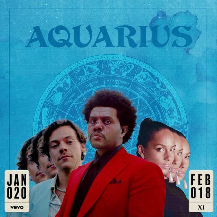 のインスタグラム：「♒️WELCOME TO AQUARIUS SZN♒️ The air sign is independent and often deep in thought, but watch out... their free spirit can be unpredictable. Our Aquarius playlist features @harrystyles, @TheWeeknd, @aliciakeys, and more artists of the beloved zodiac sign. Tag your favorite Aquarius in the comments below 🏺 ⠀⠀⠀⠀⠀⠀⠀⠀⠀ ▶️[Link in bio] #Maluma #TheWeekend #HarryStyles #KarolG #Bichota #AliciaKeys #Koffee #Shakira」