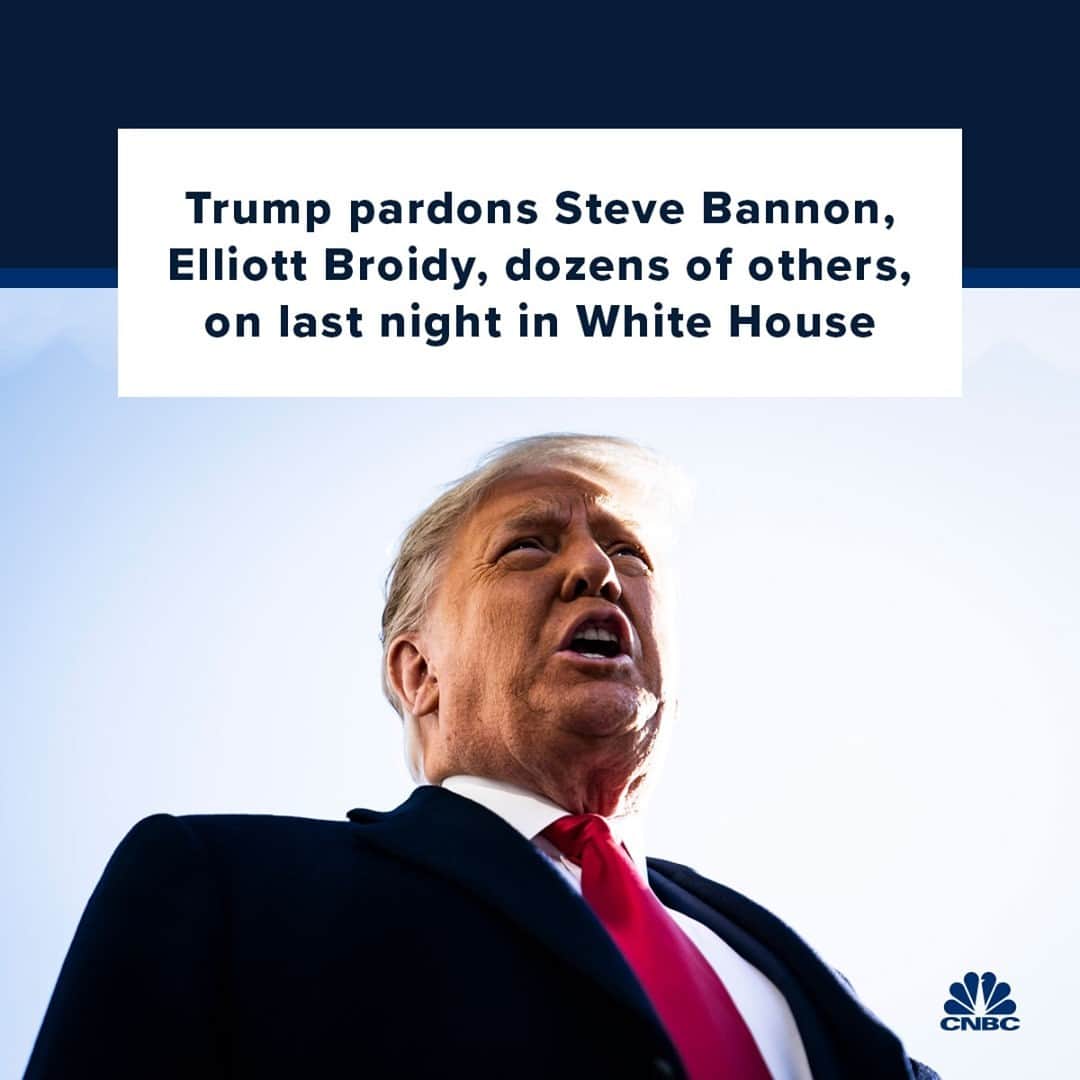 CNBCさんのインスタグラム写真 - (CNBCInstagram)「President Donald Trump issued dozens of pardons on his last night in the White House, including one to his former campaign chief and ex-White House advisor, Steve Bannon, who was charged with swindling donors to a supposed effort to build a wall on the border with Mexico.⁠ ⁠ Trump issued 73 pardons, including for Elliott Broidy, a major Republican fundraiser who pleaded guilty last fall to acting as an unregistered foreign agent, and the rapper Lil Wayne, who pleaded guilty to a weapons charge last month.⁠ ⁠ Ex-Detroit Mayor Kwame Kilpatrick, who has been serving a 28-year prison sentence for fraud charges, had his sentence commuted by Trump, as did Eliyahu Weinstein, who had 16 years left to serve on a sentence in a case where he swindled hundreds of millions of dollars from victims in a New Jersey-based Ponzi scheme. More than 60 other people had their criminal sentences commuted by Trump.⁠ ⁠ Full details at the link in bio.」1月21日 0時38分 - cnbc