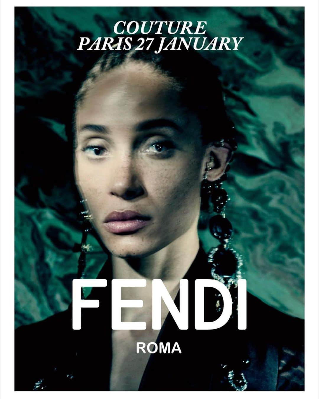 キム・ジョーンズのインスタグラム：「@adwoaaboah by @roversi for @fendi Haute Couture  @SilviaVenturiniFendi  @delfinadelettrez @Ronnie.Cooke.Newhouse Stylist: @Alistermackie  Hair: @SamMcKnight1 Make up: @PeterPhilipsMakeup Set Design: Jean-Hugues de Chatillon Casting: @shelleydurkancasting」