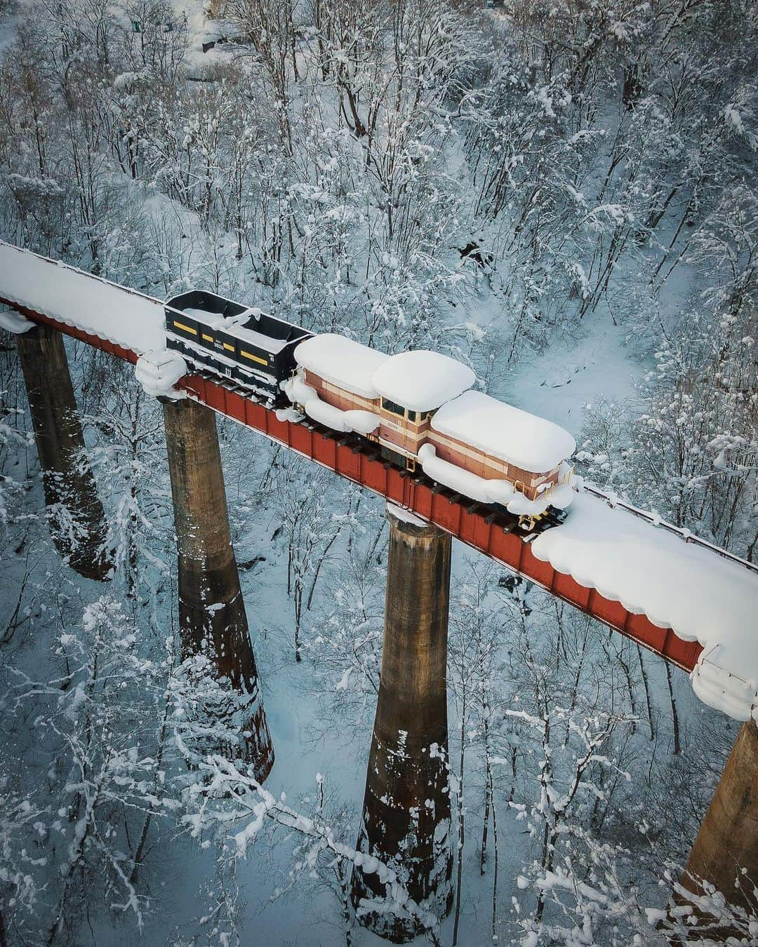 啝 （わ）さんのインスタグラム写真 - (啝 （わ）Instagram)「Winter Train 𓆲 𓆲 𓆲 #droneoftheday #djimavicpro #djiglobal #drone #dronephotography #dronestagram #dji #topdronephotos #fromwhereidrone #wedroneasia #droneosoar #skyhilife  #japan_urbex #JJ_URBEX #made_in_decay #kf_urbandonedmasks #KINGS_ABANDONED #m3xtures #Meistershots #moodygrams #nature_takes_over #natures_reclaim #ominous_perfection #pr0ject_uno #rsa_preciousjunk #savethedecay #sfx_decay」1月21日 1時53分 - neji_maki_dori