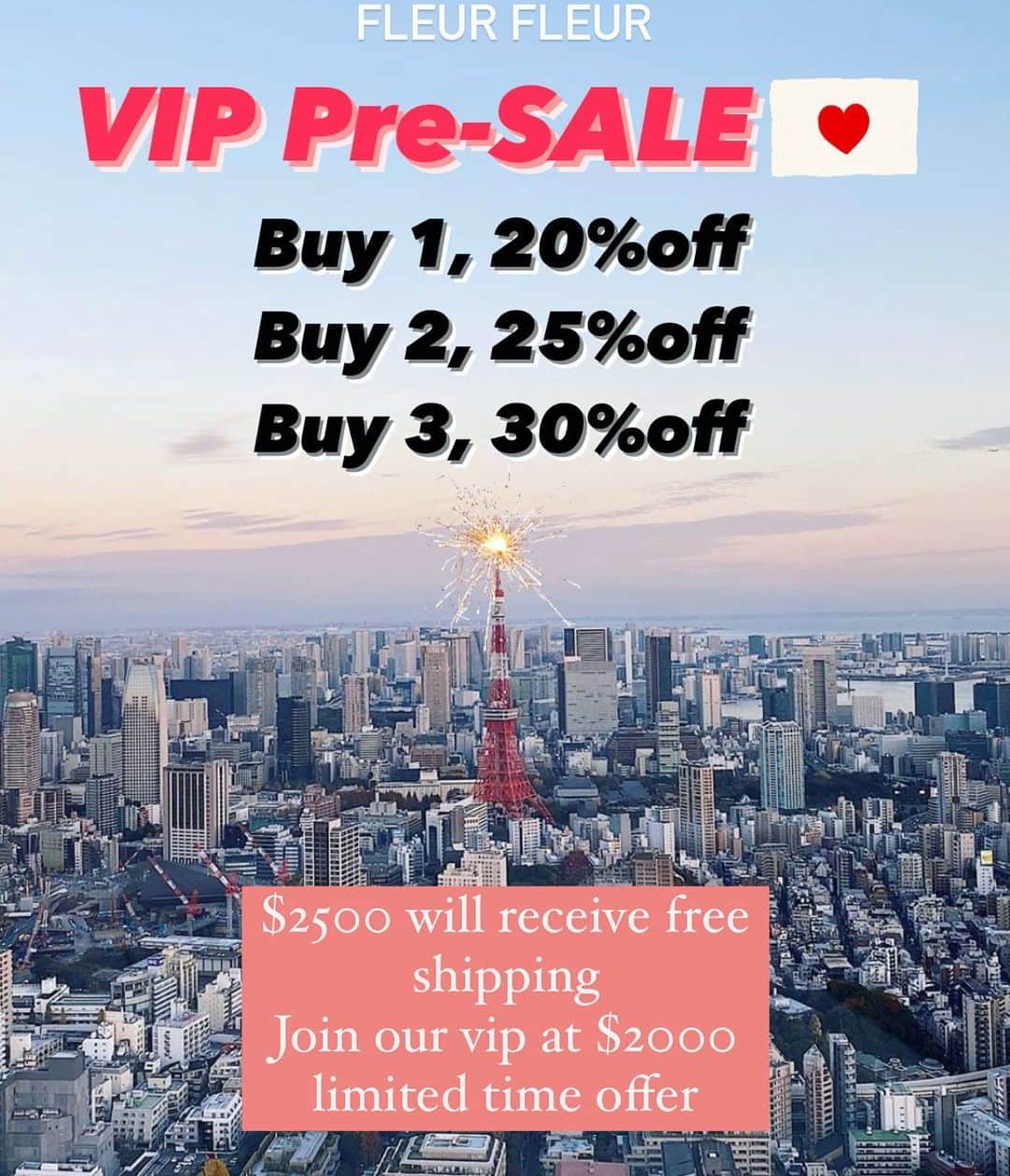 Fleur Fleurのインスタグラム：「知道大家都好掛住東京🥰🇯🇵 又知道呢排政府嘅彈出彈入 令人覺得好煩厭😒😤😤 自製一個開心位俾大家 所以我哋終於都做VIP限定嘅優惠啦❗️ 講明係VIP only, 首先你要係我哋嘅VIP!  希望你哋為農曆新年作出準備 我哋準備曬全線新貨都係列入優惠裏面😱！ 你冇睇錯啊👀❗️ 真係全線新作都包含在內🦋✨✨  購買一件可享八折 購買兩件全單七五折 購買三件全單七折👌🏻 三件以上就梗係全單都七折啦🥰👌🏻 買滿$2500送埋免費順豐送貨俾你 記得拎埋我哋個利是🧧封novelty 💝!  未系我哋嘅VIP點算？🥺😭 一次過優惠期間買到$2000都俾你join埋VIP 係咪好抵先?😎👌🏻 之後有生日coupon同埋繼續會有VIP限定嘅優惠推出 快啲上嚟門市參觀同試穿啦☺️💕💕💕」