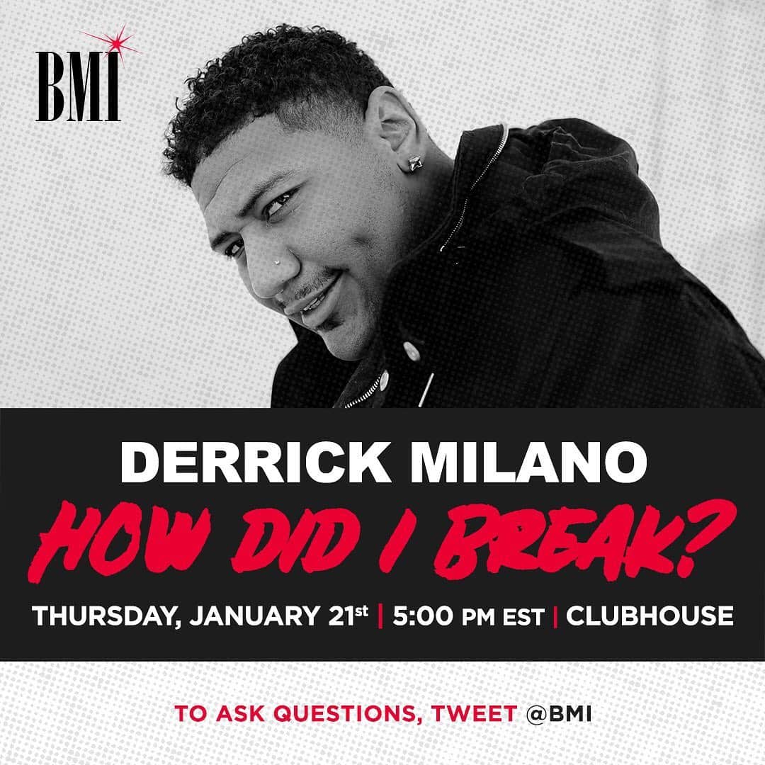 Broadcast Music, Inc.さんのインスタグラム写真 - (Broadcast Music, Inc.Instagram)「Let’s go! How Did I Break w/ @derrickmilano! We can’t wait to find out how he broke into the industry. Tune in! If you have questions, drop them in the comments below! Only on #Clubhouse」1月21日 3時24分 - bmi