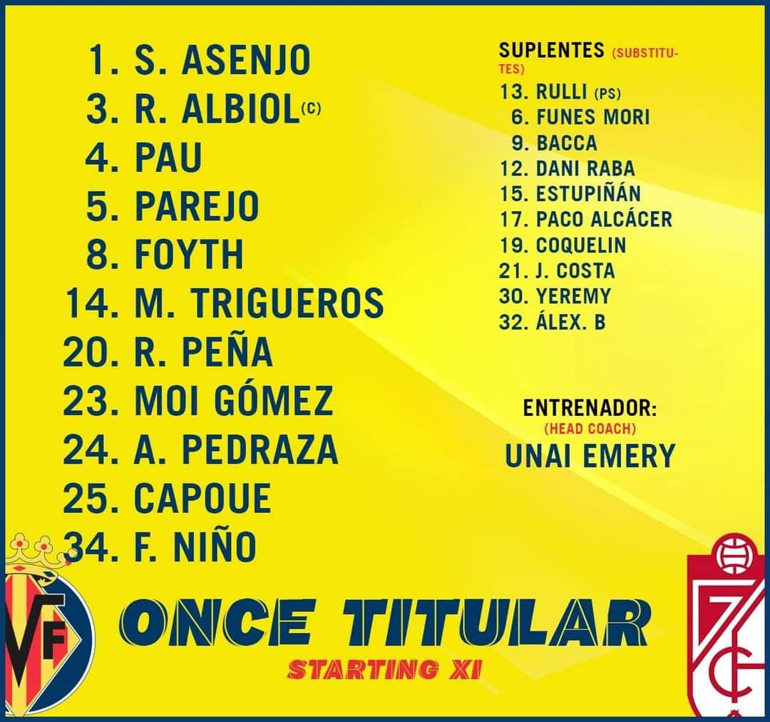 ビジャレアルCFのインスタグラム：「¡El once del Submarino para el #Villarreal 🆚 @granadacf 💪!  👉 Comenzamos a las 21.30h (Estadio de la Cerámica, en directo por @movistarplus). .  The Submarine’s starting lineup for #Villarreal 🆚 @granadacf 💪!  👉 We get underway at 9:30pm CET (Estadio de la Cerámica, live on LaLigaTV in the UK and Ireland).  #Villarreal #futbol #football #soccer #laliga」