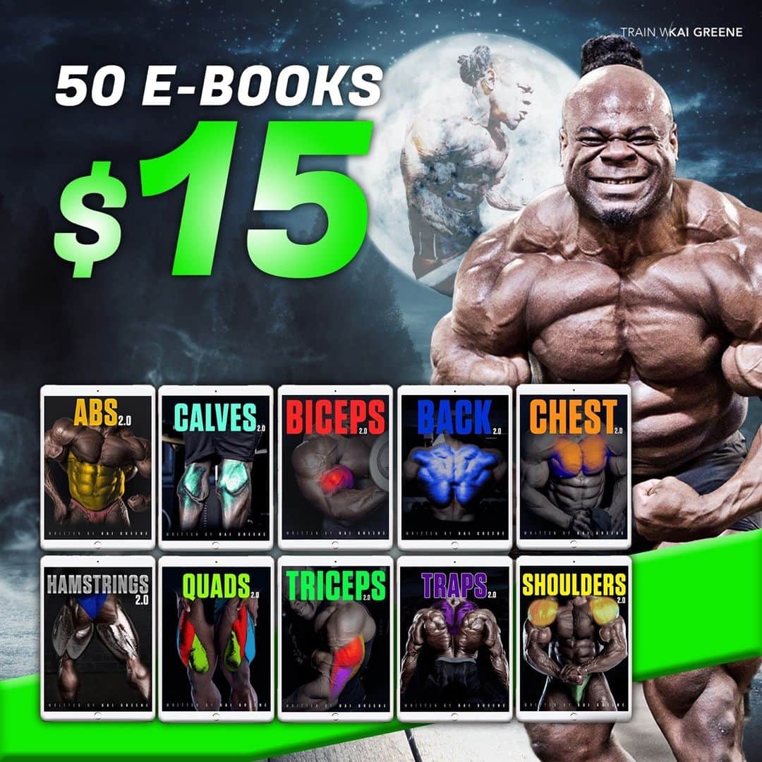 カイ・グリーンのインスタグラム：「🚨$15 FOR 50 EBOOKS🚨  Decades of knowledge, tried and true, all at your fingertips. Gaze upon the tools necessary to sculpt your physique into the masterpiece of your visions. Greatness awaits, at the lowest price ever offered 💯  Inside these eBooks lies the knowledge you seek to press onward.   🔹Step by step guides to creating meal plans - cutting, contest prep, & bulking. 🔹Individual body part training guides to turn weaknesses into strengths. 🔹Full programs containing both diet & workout routines to guide you from start to finish. 🔹First timers in the gym, veterans, paleo dieting, vegan dieting, no matter the area of expertise you seek there’s always more to be learned.   #TrainWithKai」